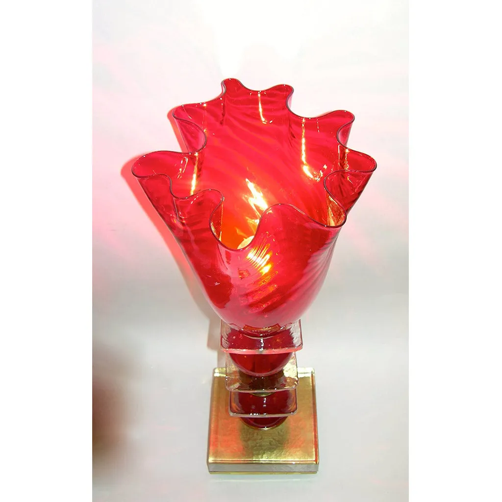 1970s Italian Pair of Red Murano Glass Lamps