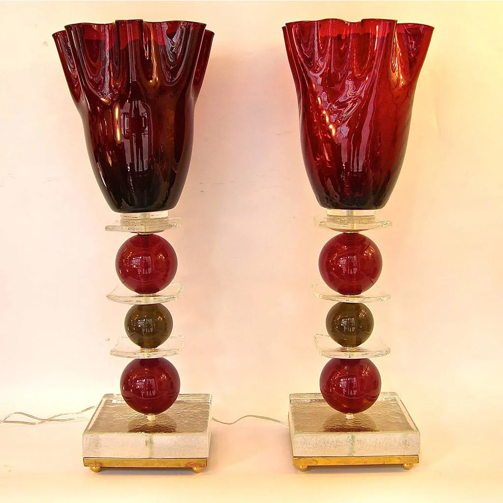 1970s Italian Pair of Red Murano Glass Lamps