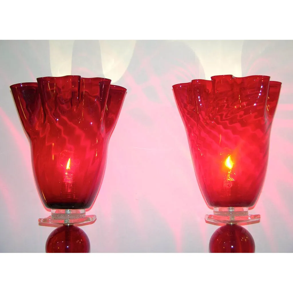 1970s Italian Pair of Red Murano Glass Lamps