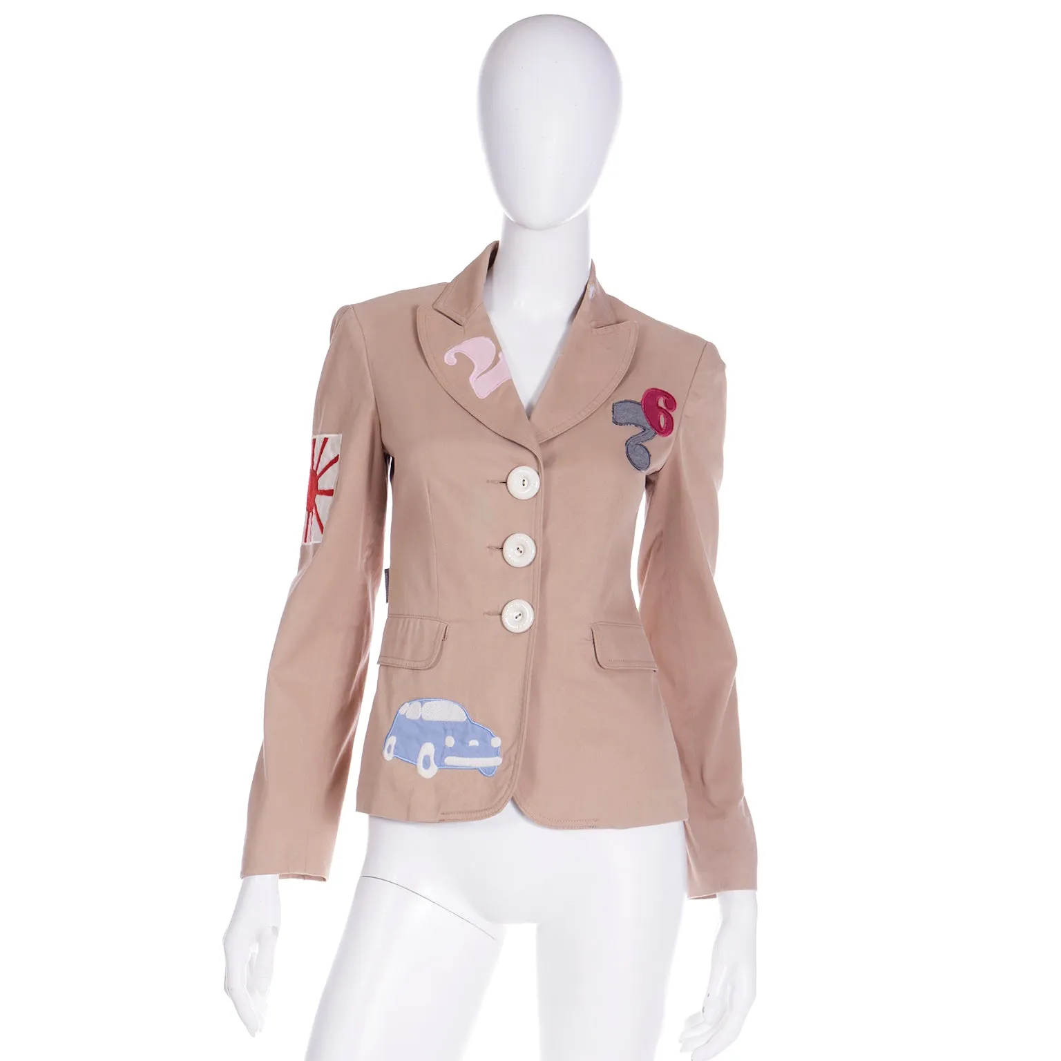 1990s Moschino Jeans Italy Vintage Applique Beige Blazer Jacket