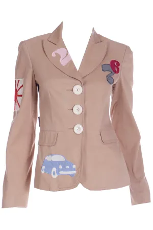 1990s Moschino Jeans Italy Vintage Applique Beige Blazer Jacket