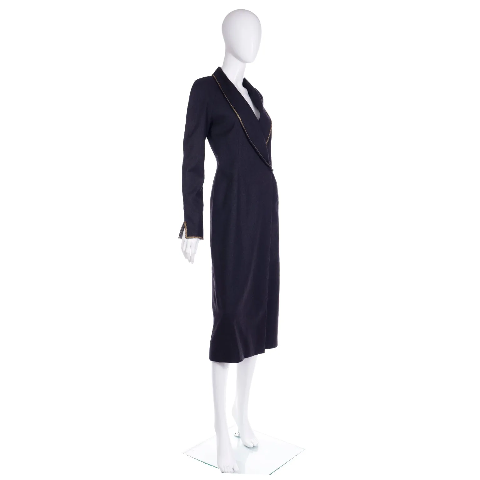 1990s Vintage Chloe Charcoal Grey Wool & Cashmere Wrap Coat w Gold Braid Trim