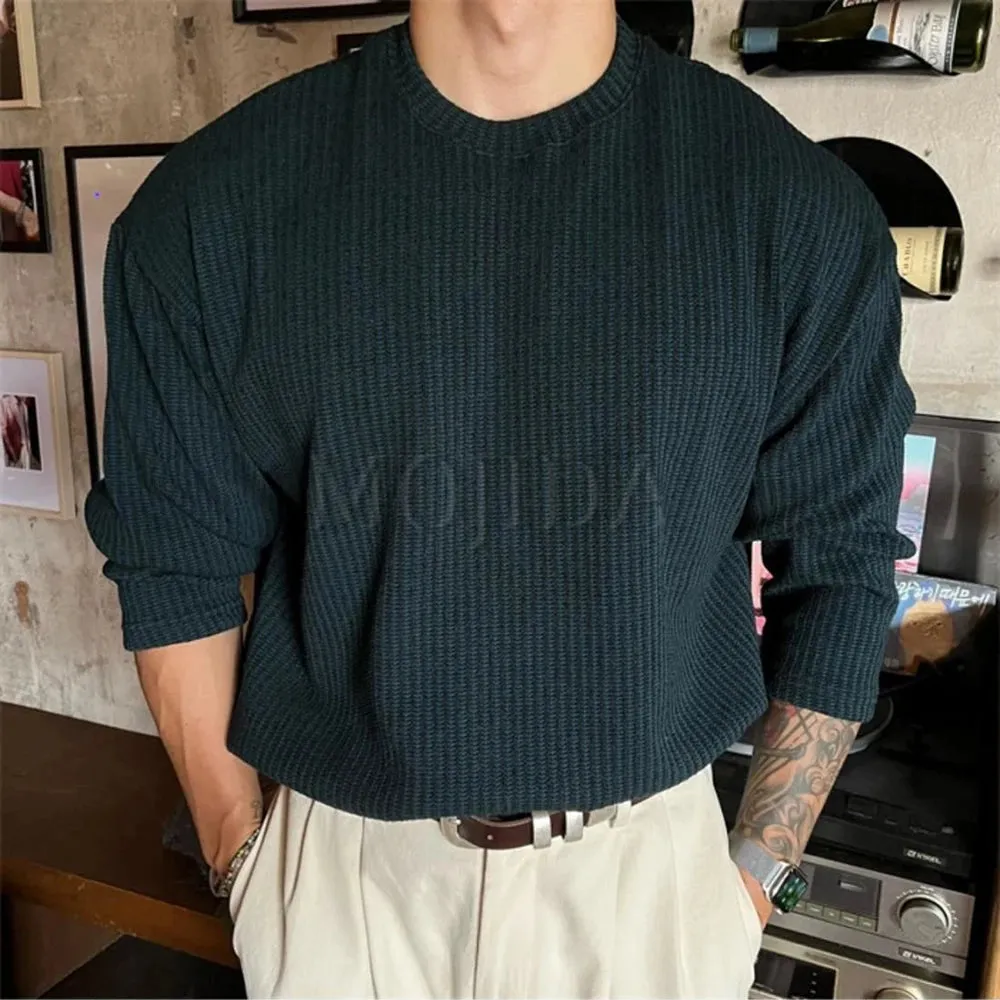 Aidase Mens Autumn Winter New Textured Vertical Striped Knitted T-Shirt Gender-Neutral Loose Casual Simple Long-Sleeved Top Unisex