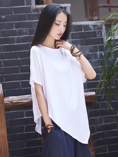 Asymmetric Retro Ramie Cotton Tops