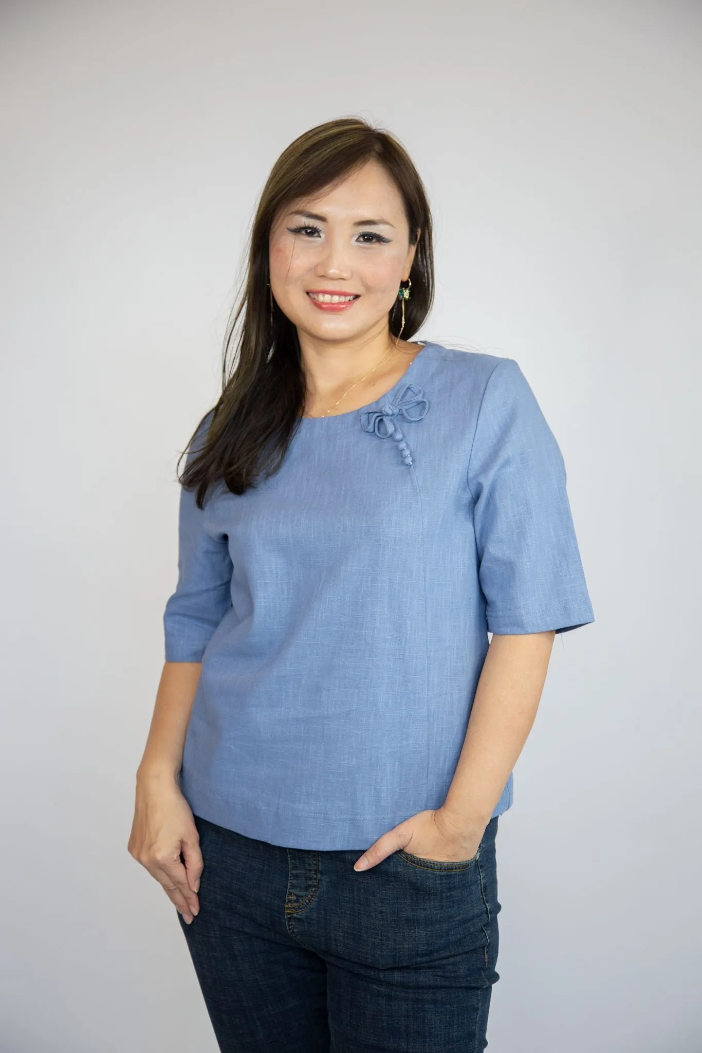 Basic Linen Blouse with Ribbon Detailing