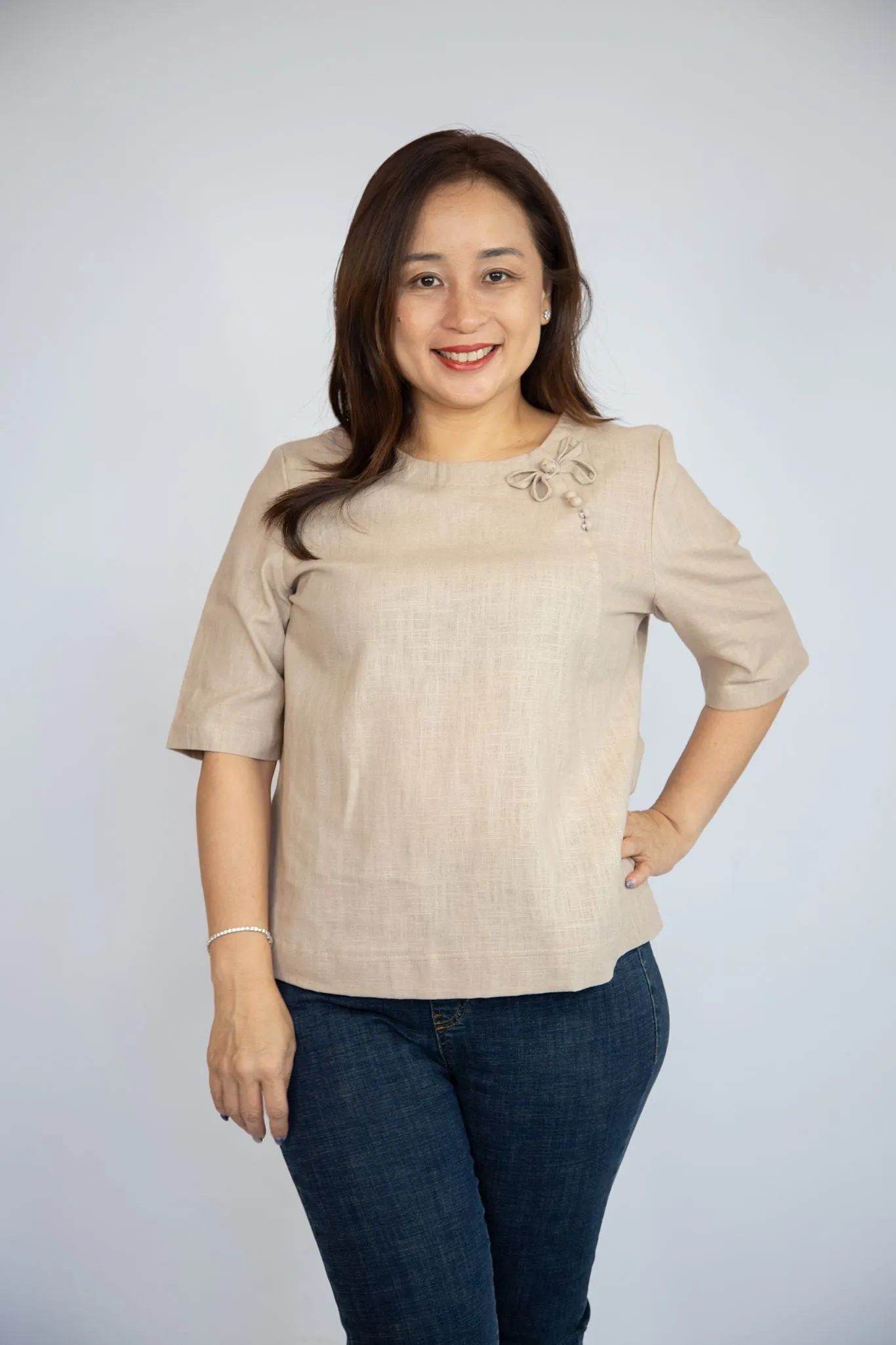 Basic Linen Blouse with Ribbon Detailing