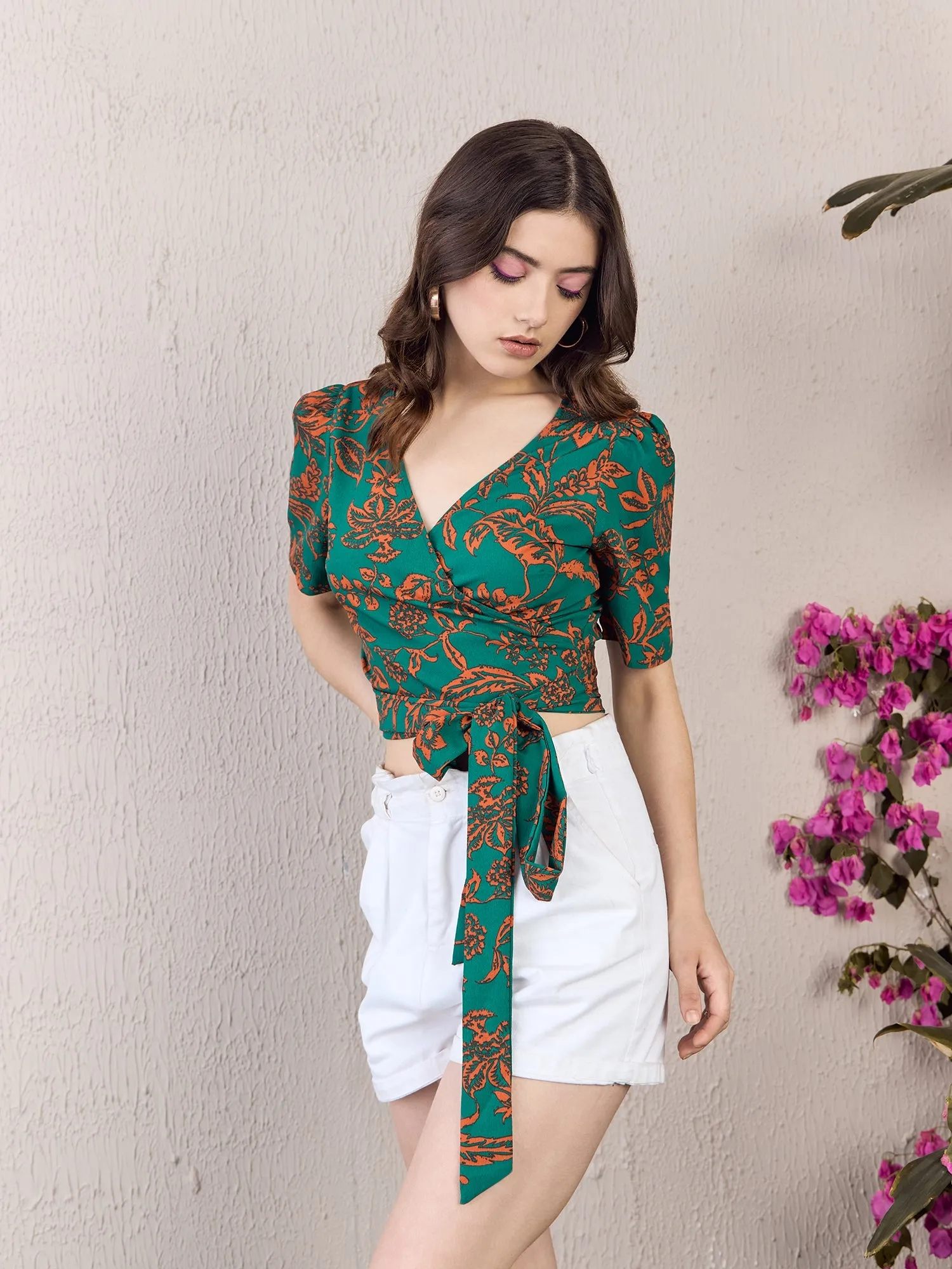 Berrylush Women Green & Orange Floral Printed V-Neck Puff Sleeves Waist Tie-Up Wrap Cropped Top