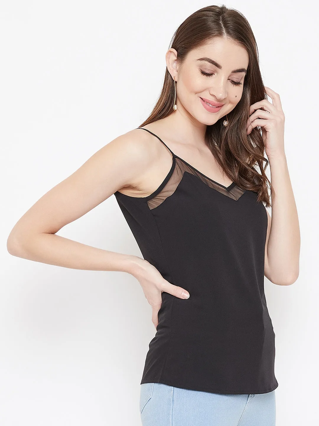 Berrylush Women Solid Black V-Neck Sleeveless Crepe Regular Top