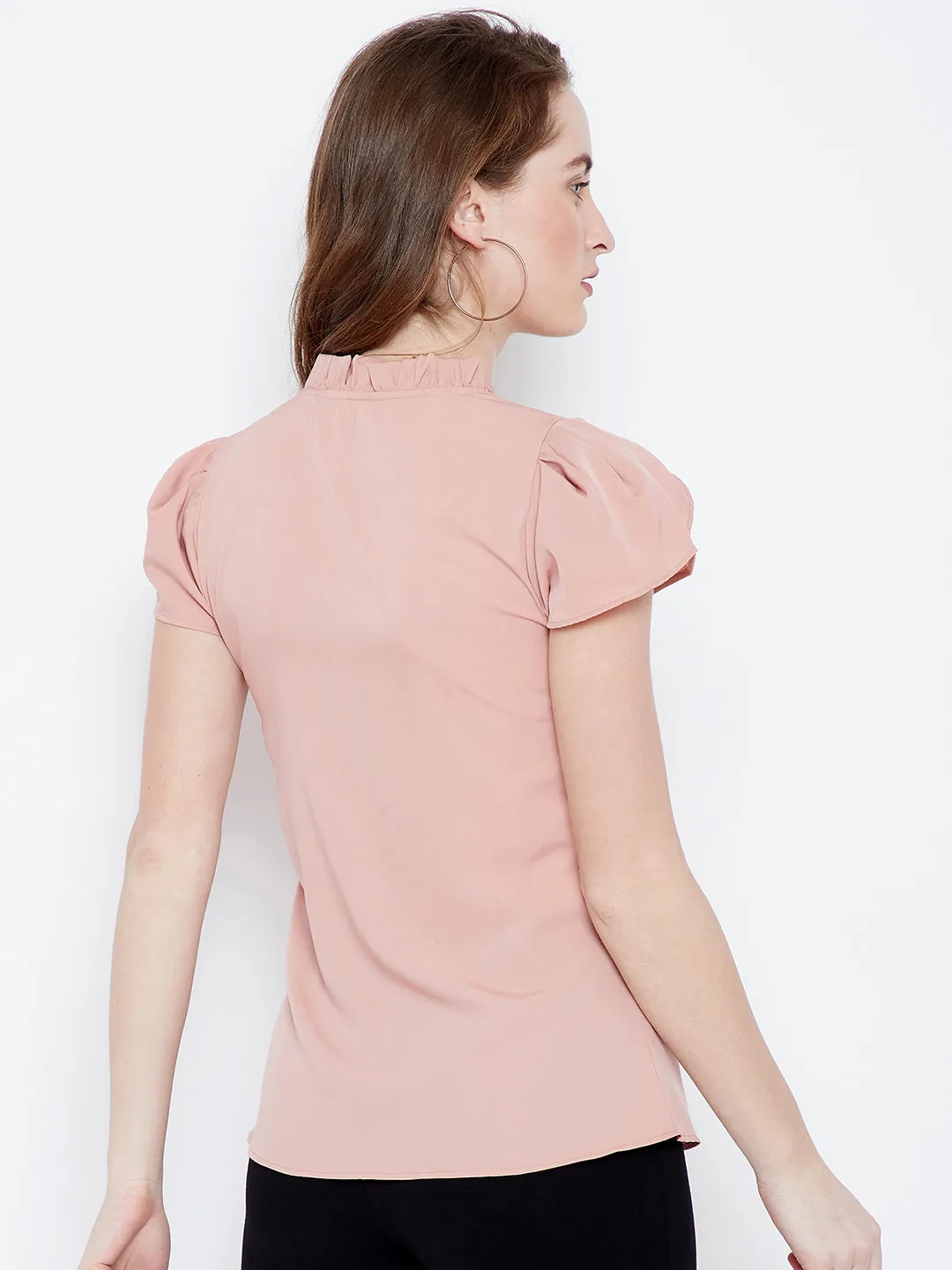 Berrylush Women Solid Pink Tie-Up Neck Crepe Ruffled Regular Top