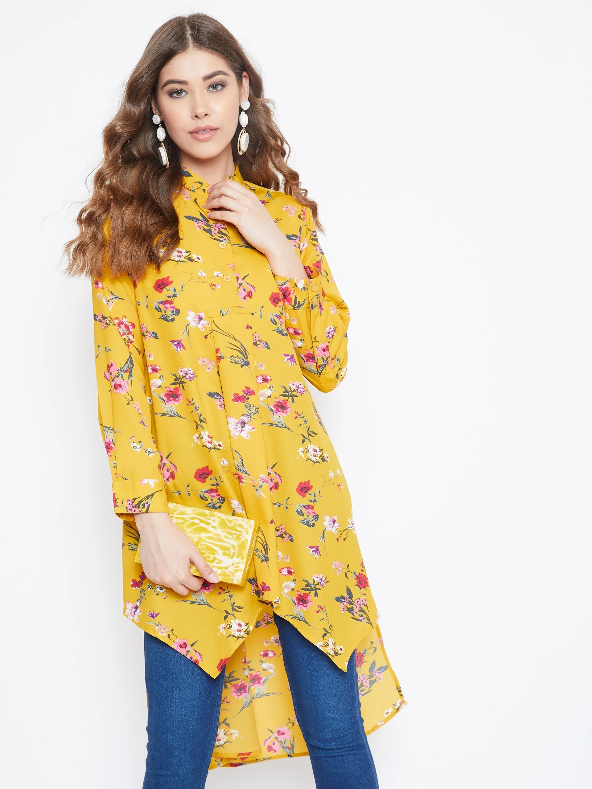 Berrylush Women Yellow Floral Print Mandarin Collar High-Low Top