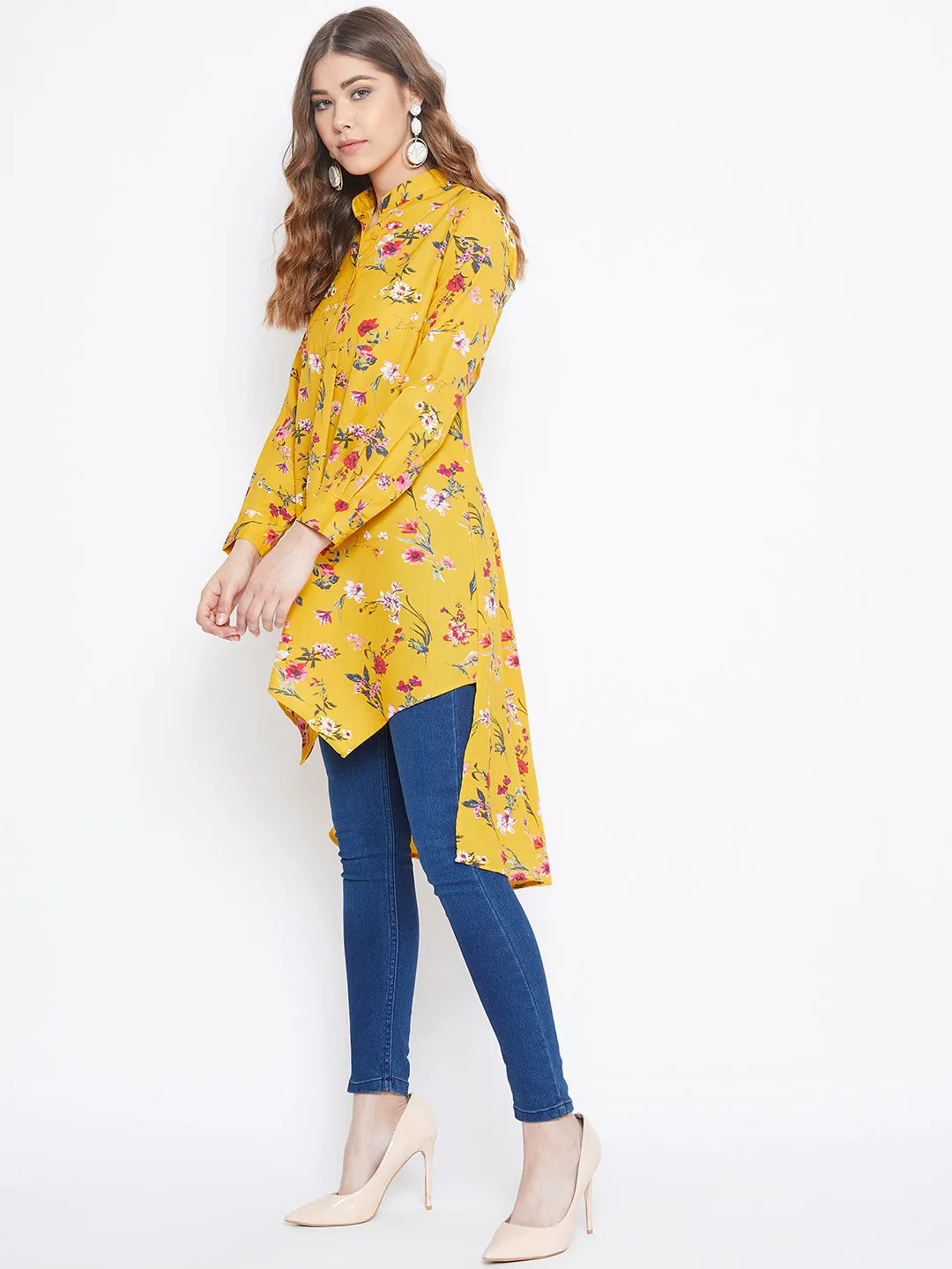 Berrylush Women Yellow Floral Print Mandarin Collar High-Low Top