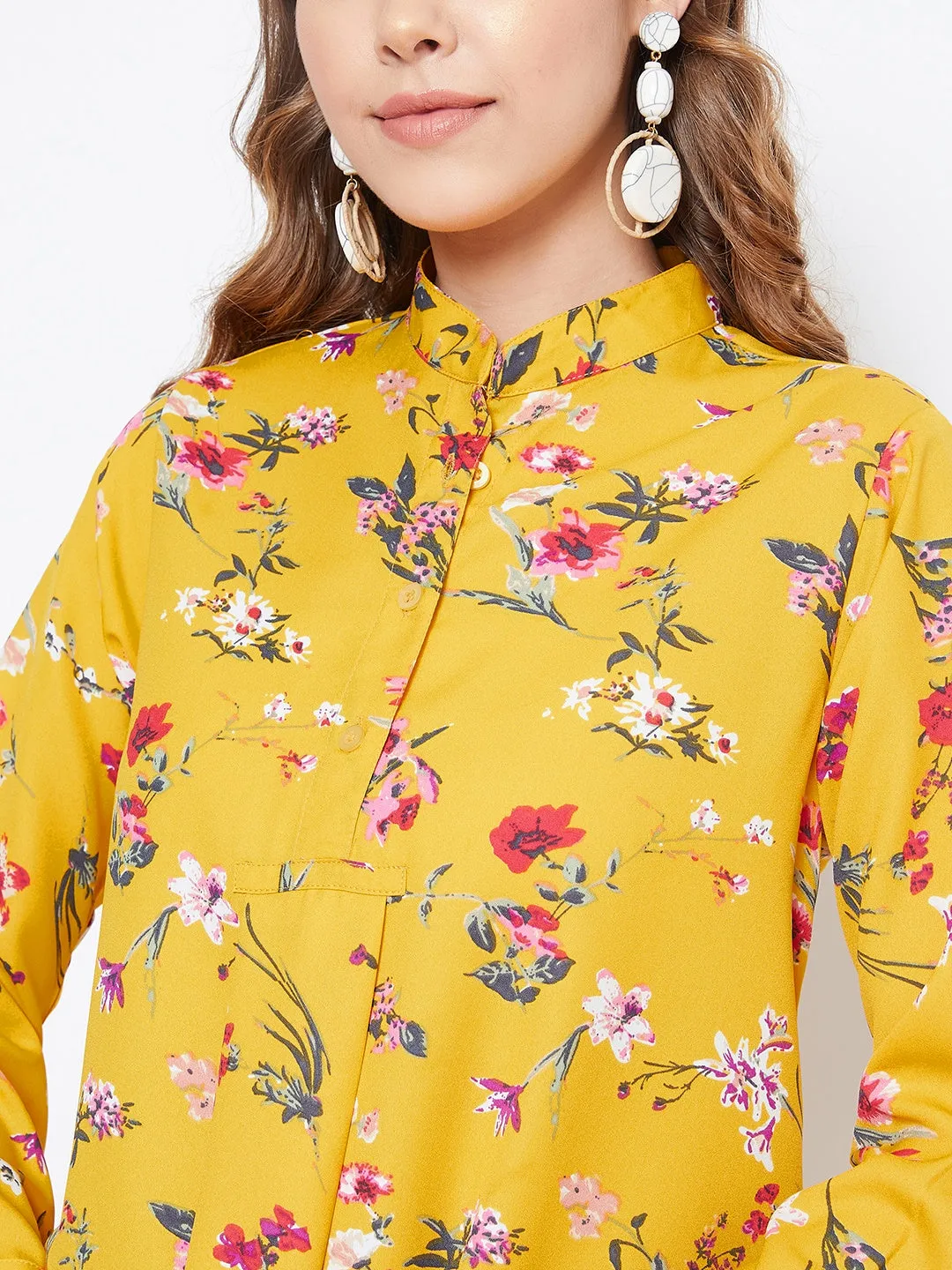 Berrylush Women Yellow Floral Print Mandarin Collar High-Low Top