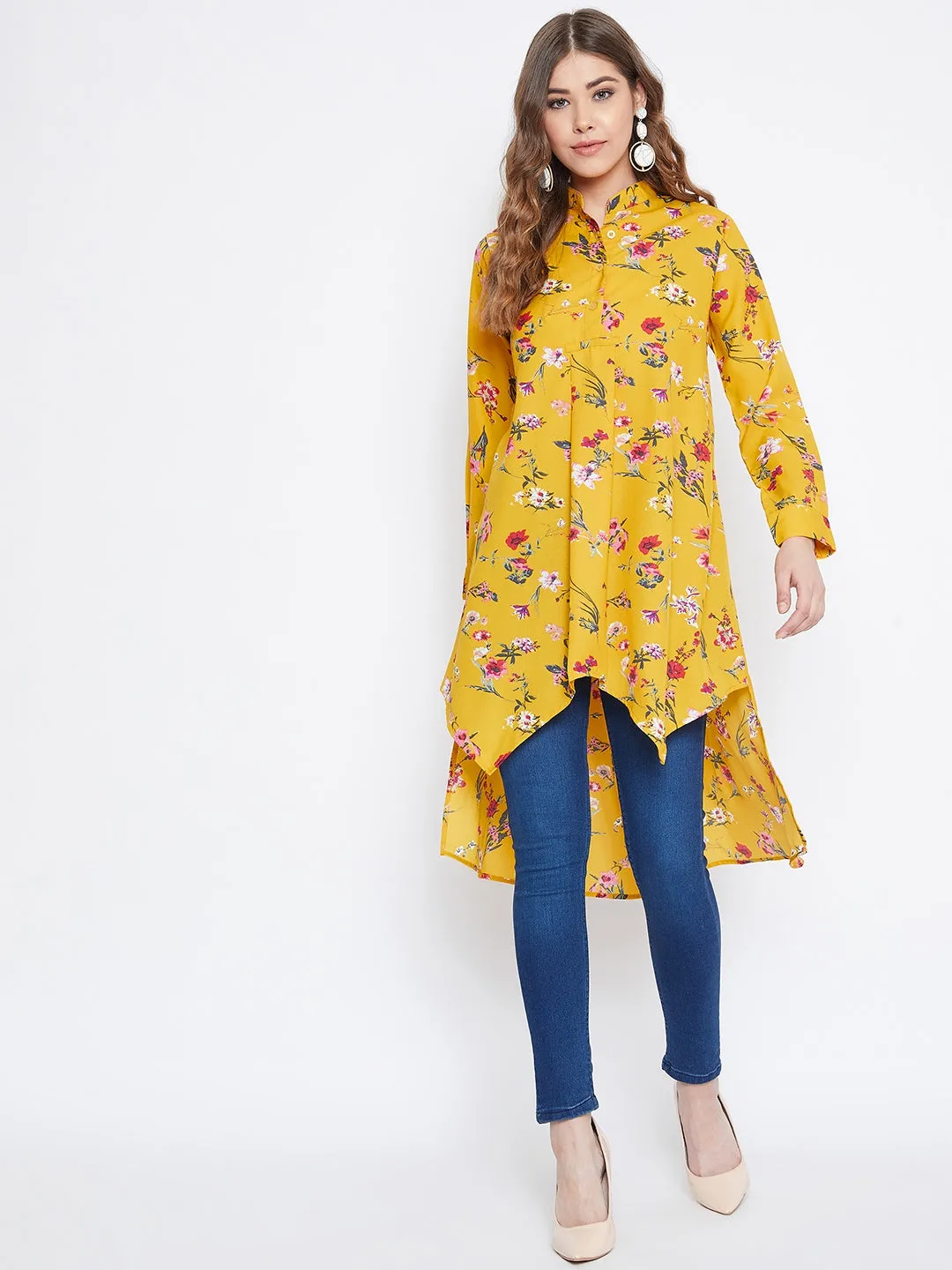 Berrylush Women Yellow Floral Print Mandarin Collar High-Low Top