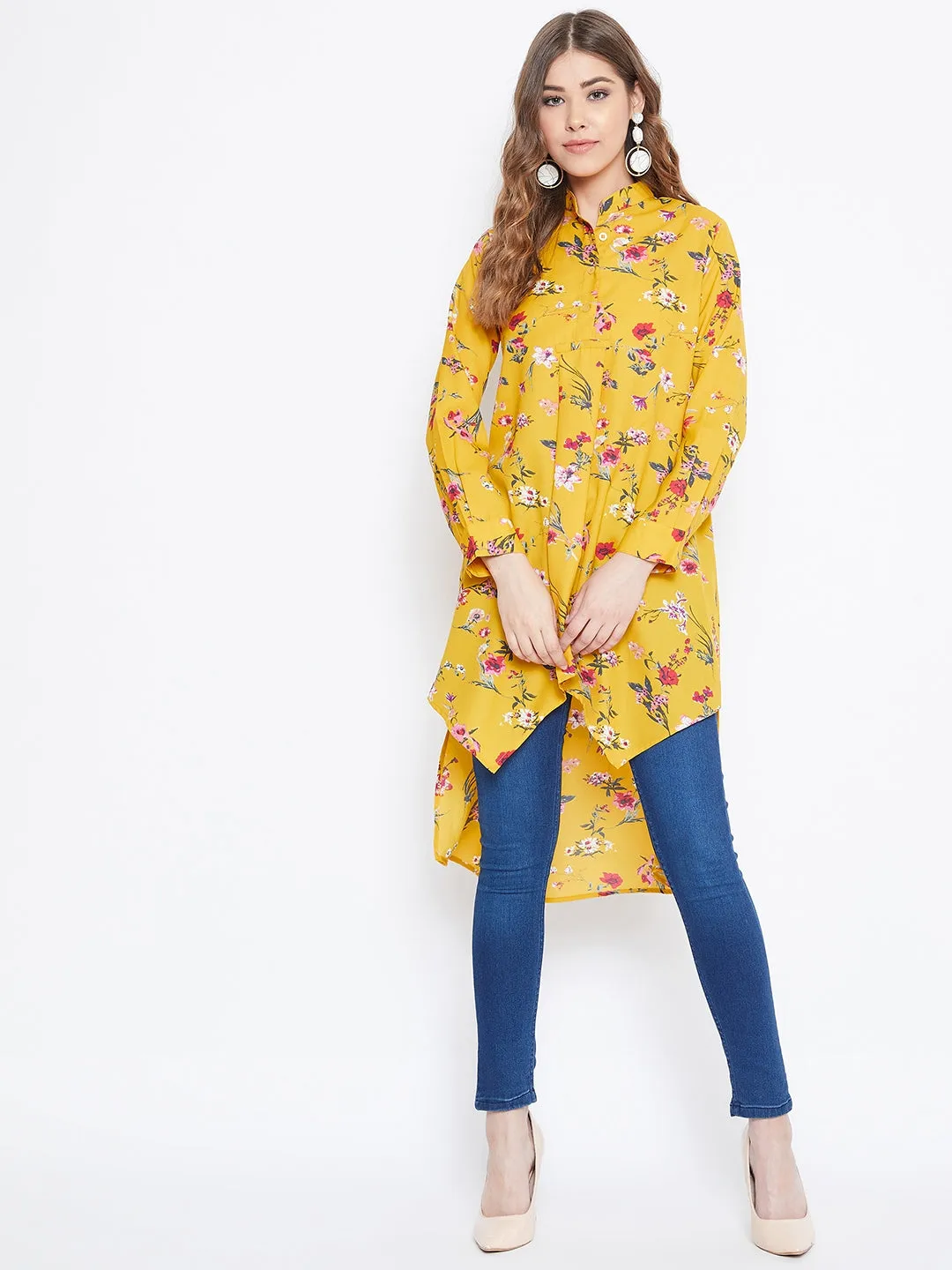 Berrylush Women Yellow Floral Print Mandarin Collar High-Low Top