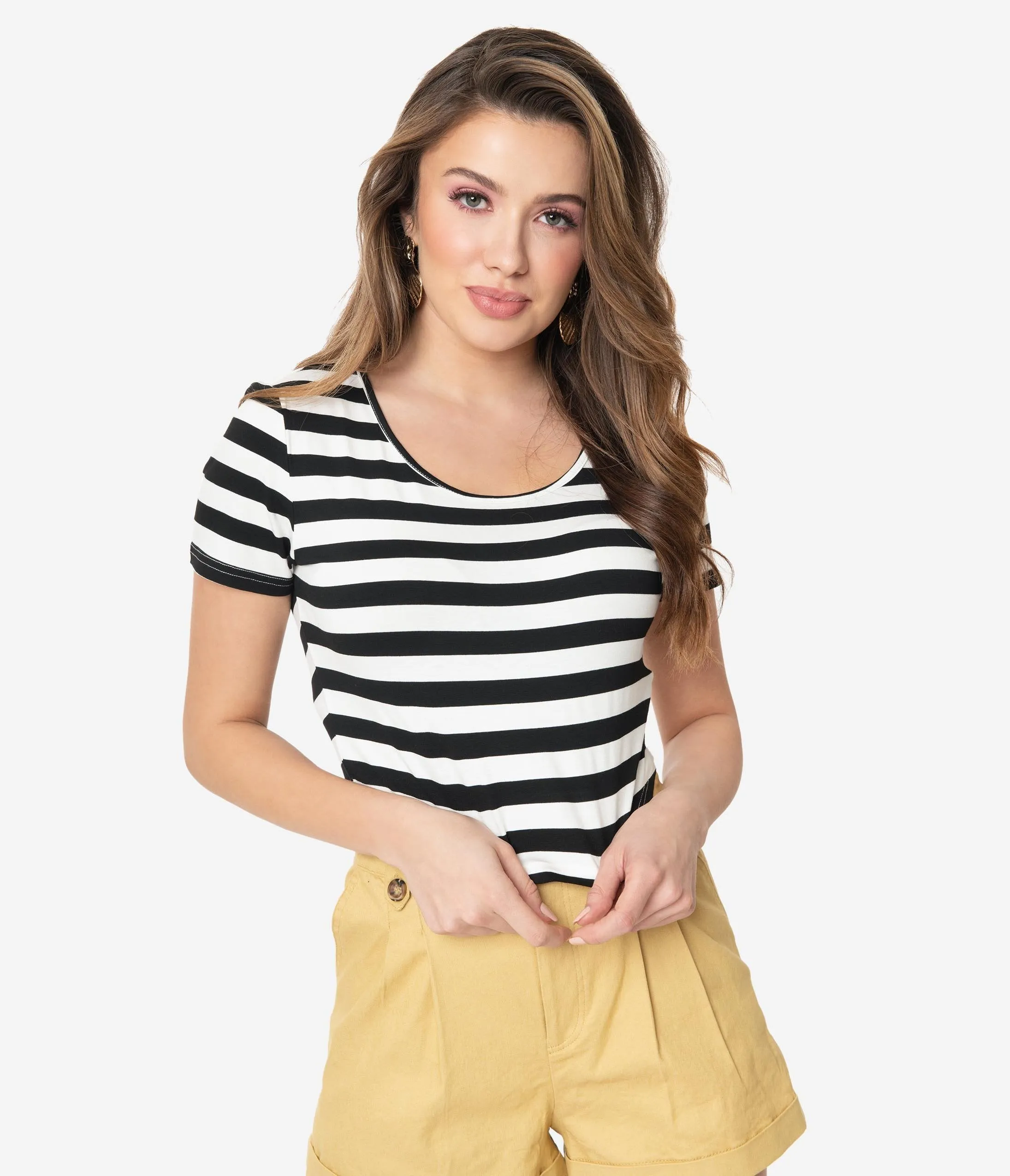 Black & White Striped Short Sleeve Crop Top