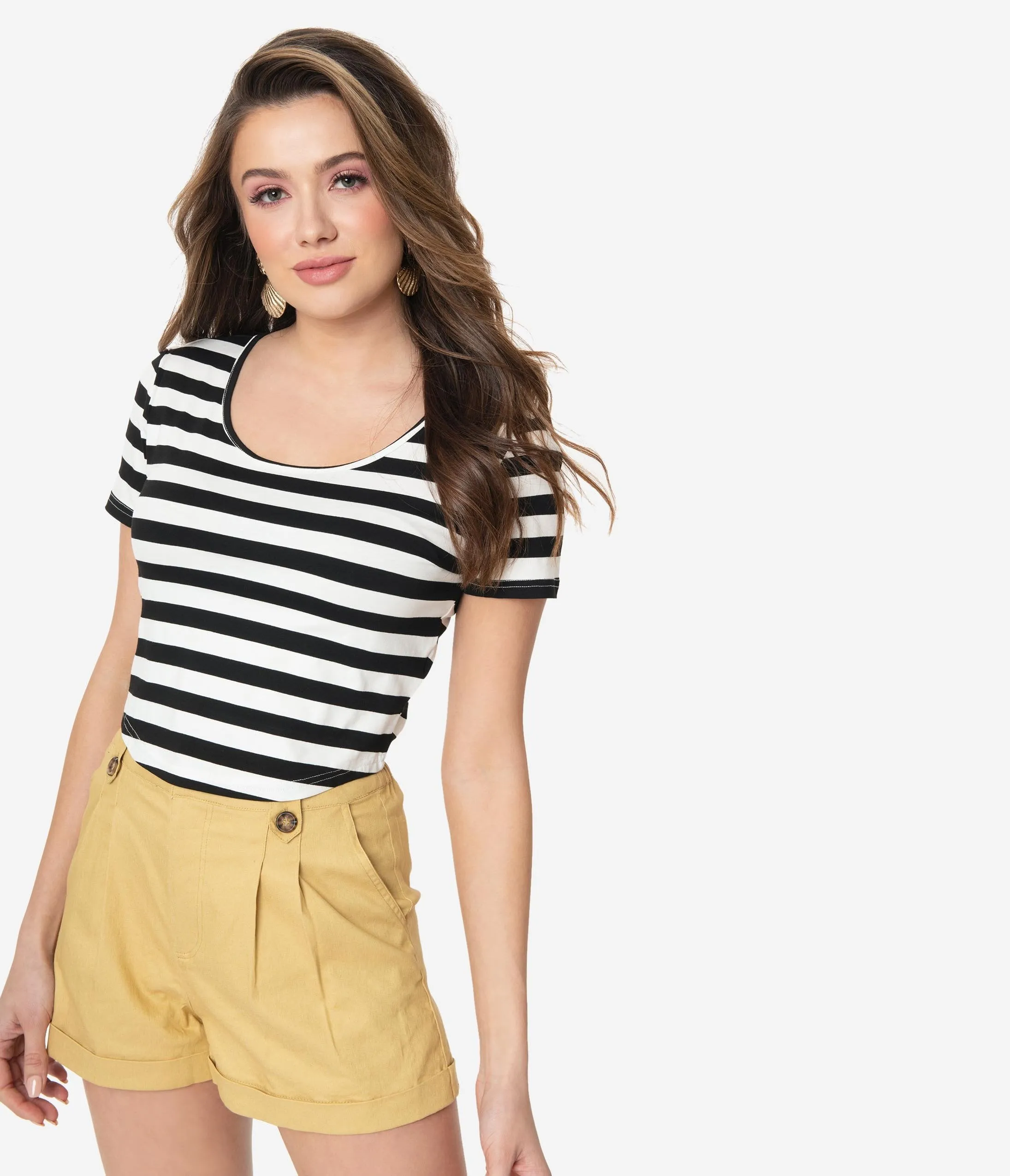 Black & White Striped Short Sleeve Crop Top