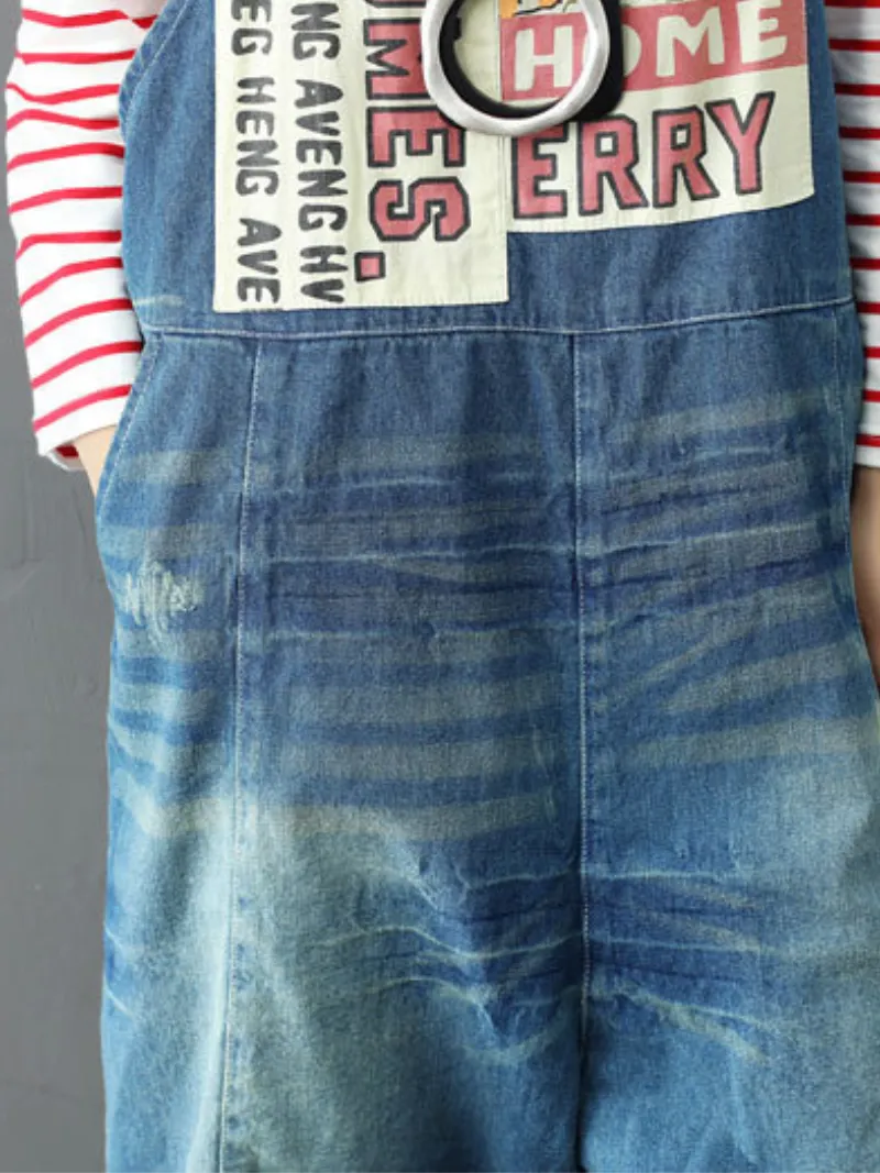 Bohemian Style Women's Short Patch Denim Overalls