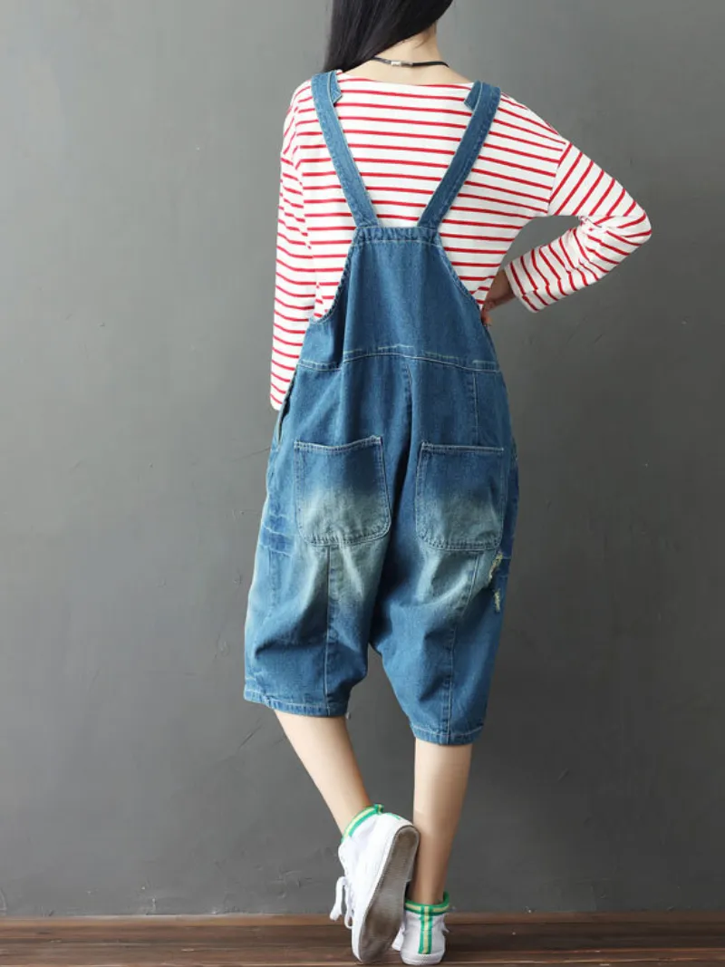 Bohemian Style Women's Short Patch Denim Overalls