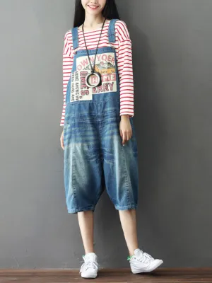 Bohemian Style Women's Short Patch Denim Overalls