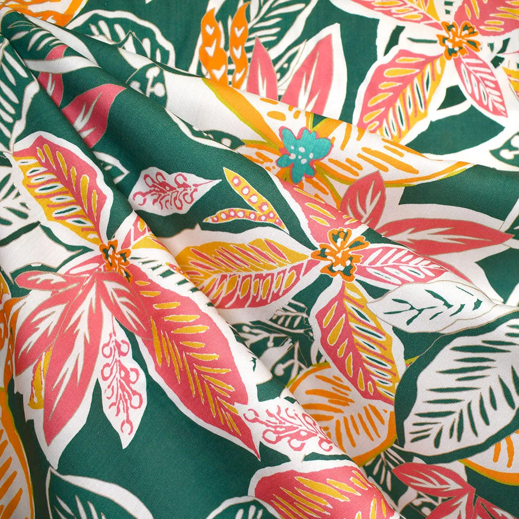 Colorful Tropical Floral Rayon Twill Shirting Emerald/Multi