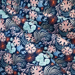 Coral Reef Sea Floral Digital Print Cotton Navy