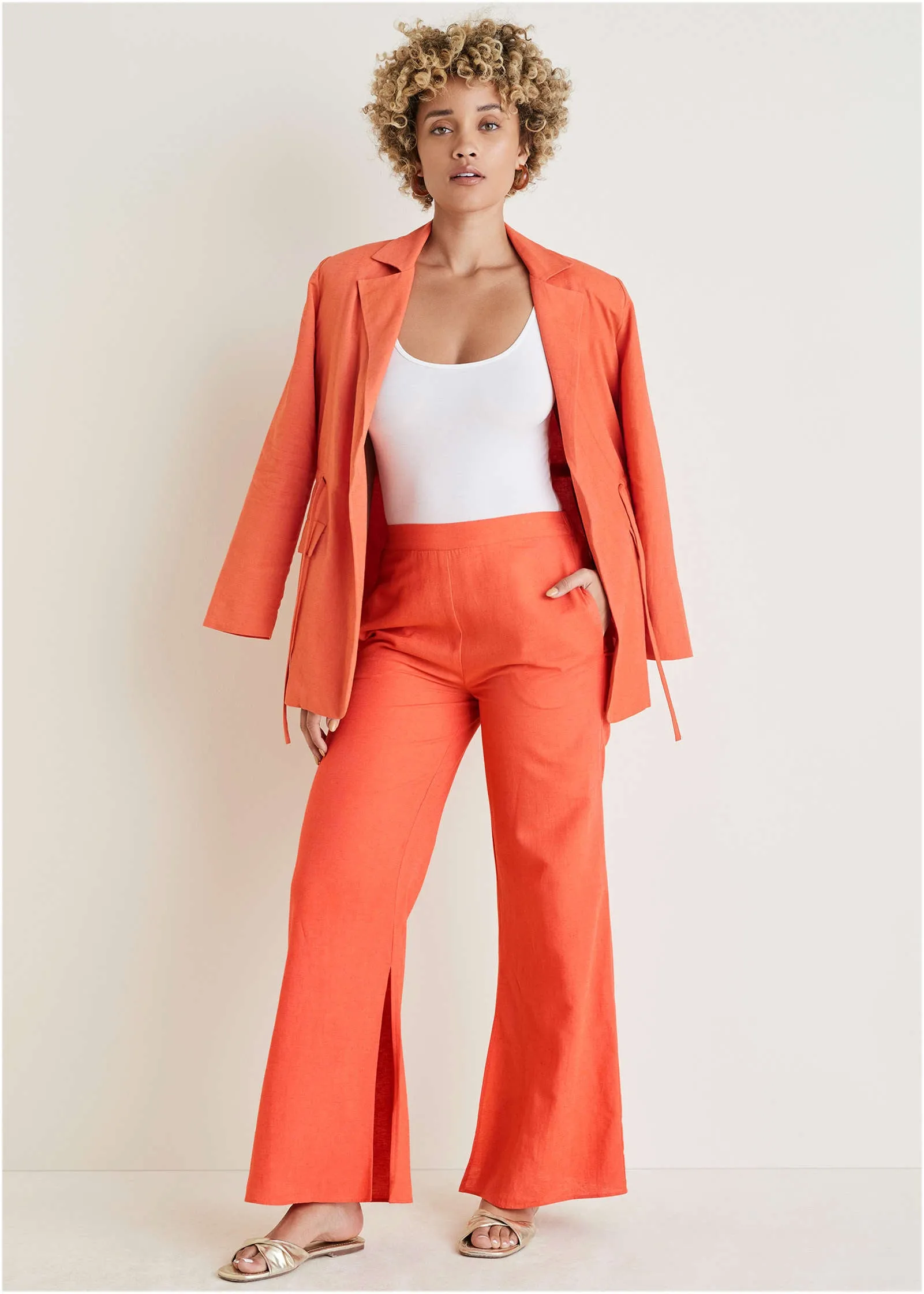 Cotton Linen Side Slit Pant - Burnt Orange