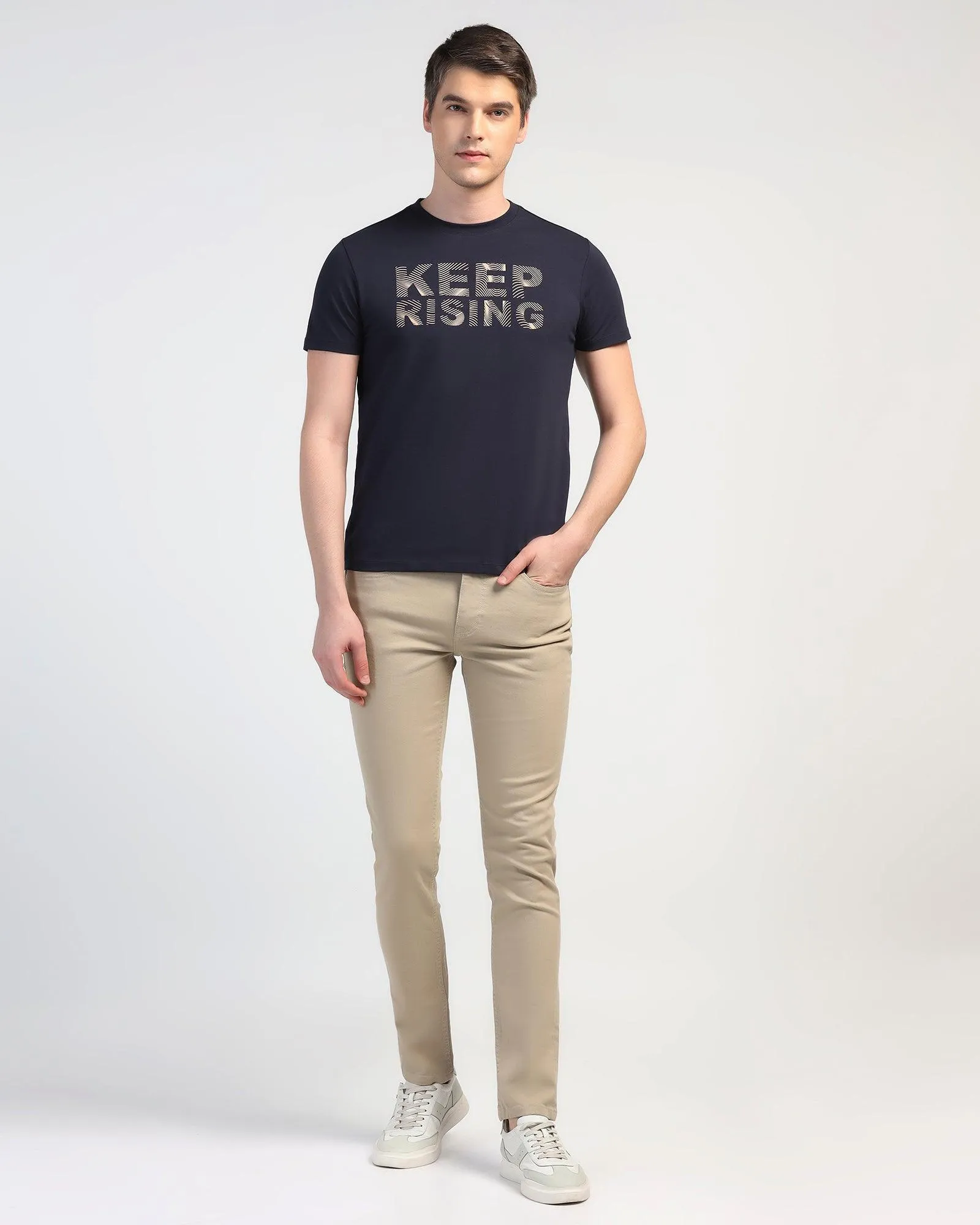 Crew Neck Navy Printed T-Shirt - Eline