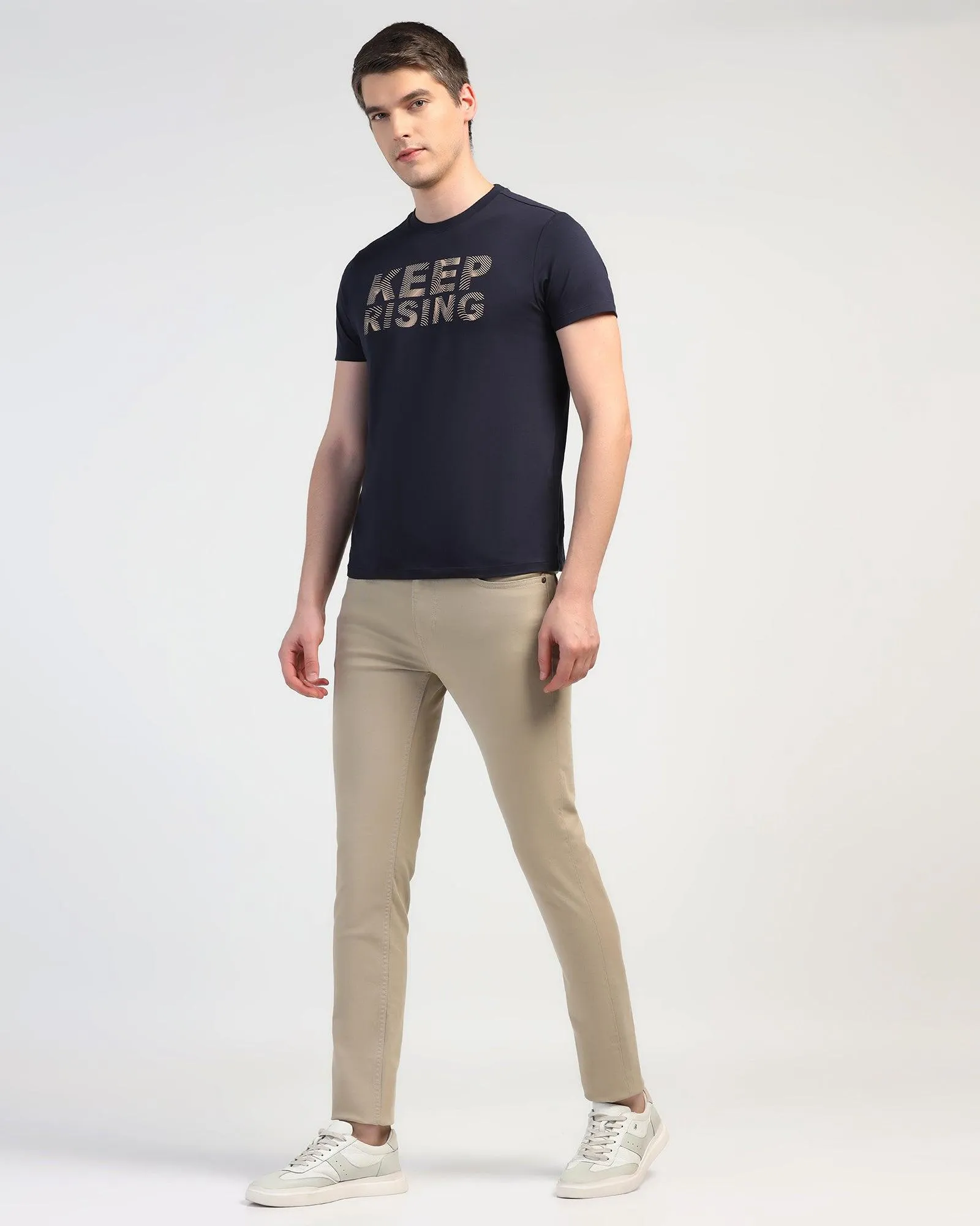 Crew Neck Navy Printed T-Shirt - Eline