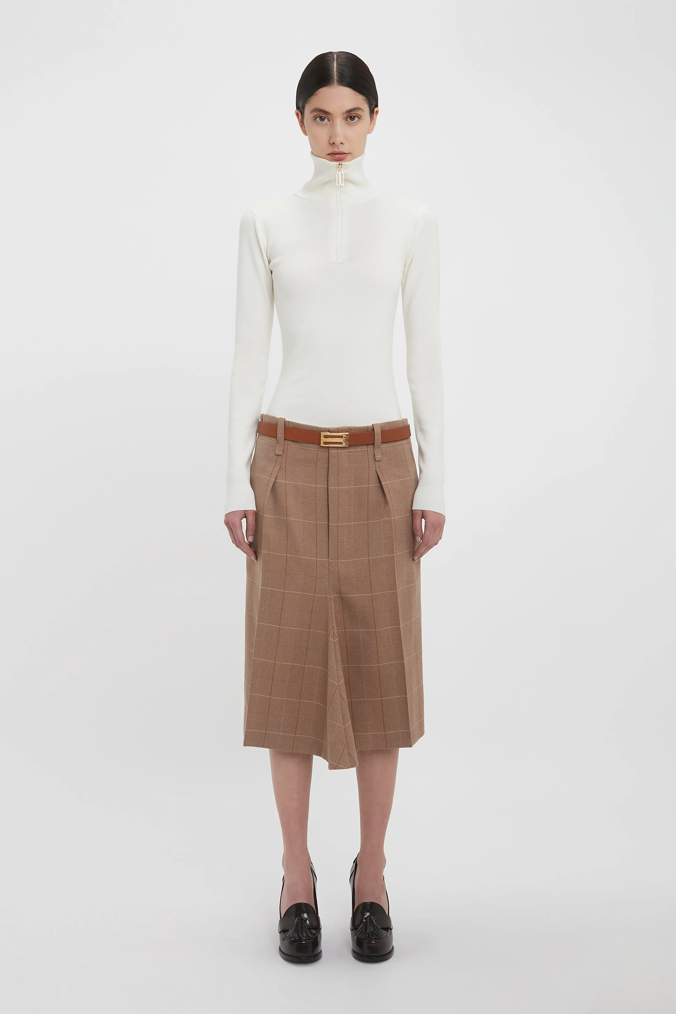 Exclusive Asymmetric Tailored Skirt In Camel-Multi Check