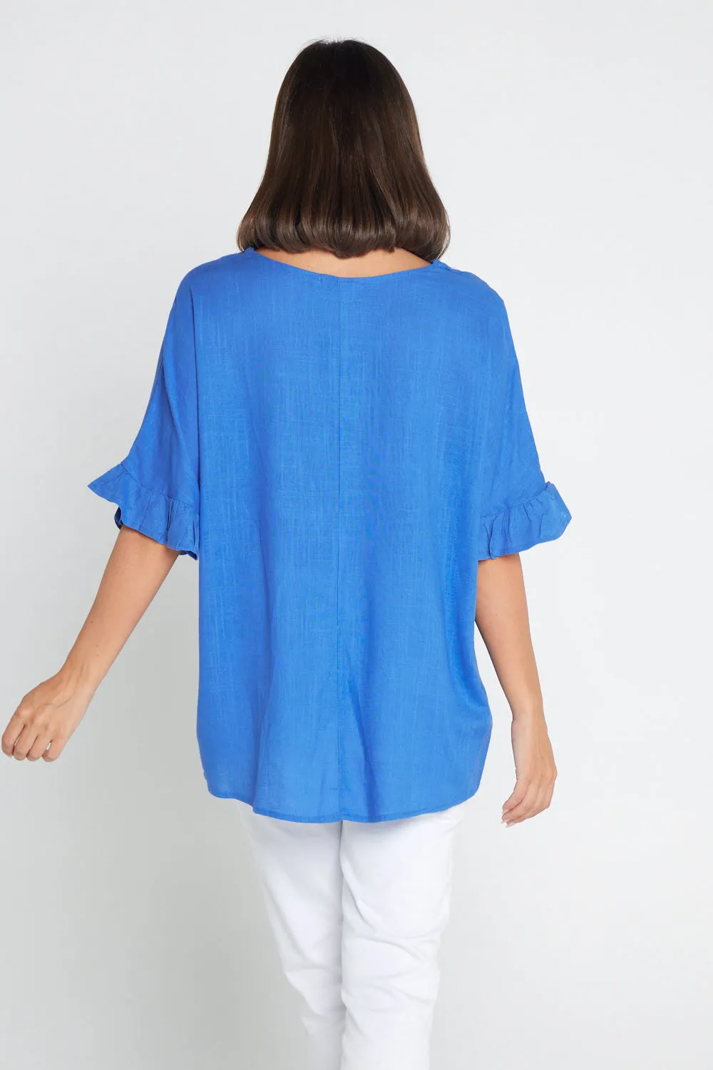 Farrah Linen V Neck Top - Blue