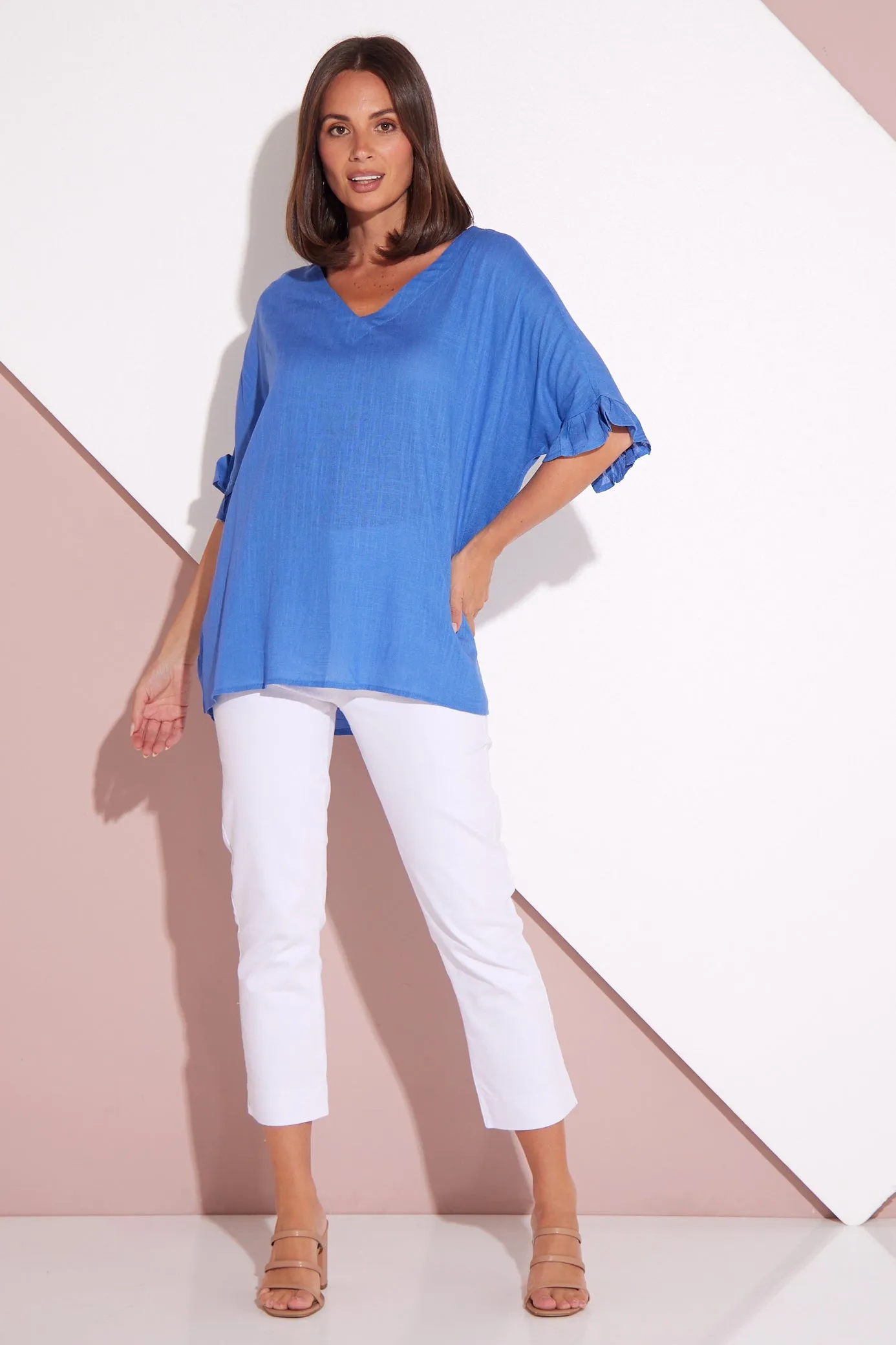 Farrah Linen V Neck Top - Blue