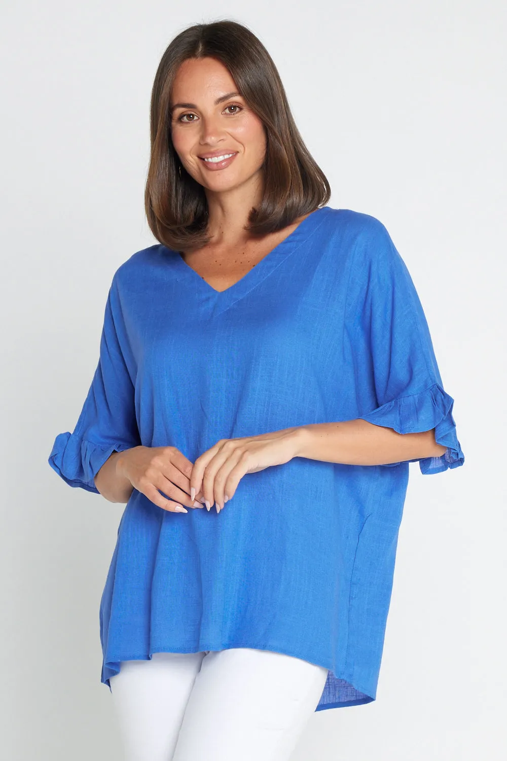 Farrah Linen V Neck Top - Blue