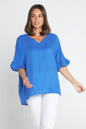 Farrah Linen V Neck Top - Blue