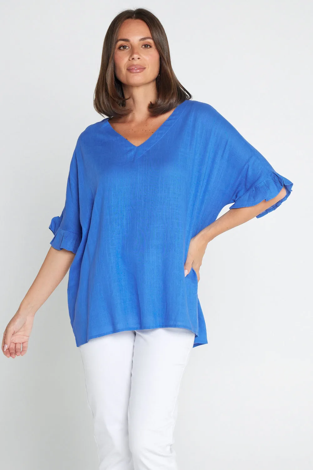 Farrah Linen V Neck Top - Blue