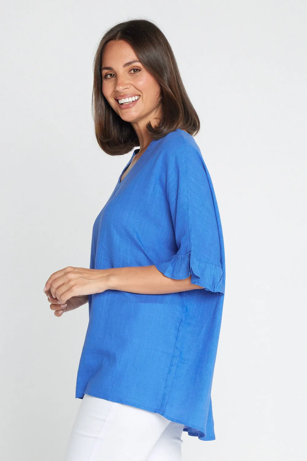 Farrah Linen V Neck Top - Blue