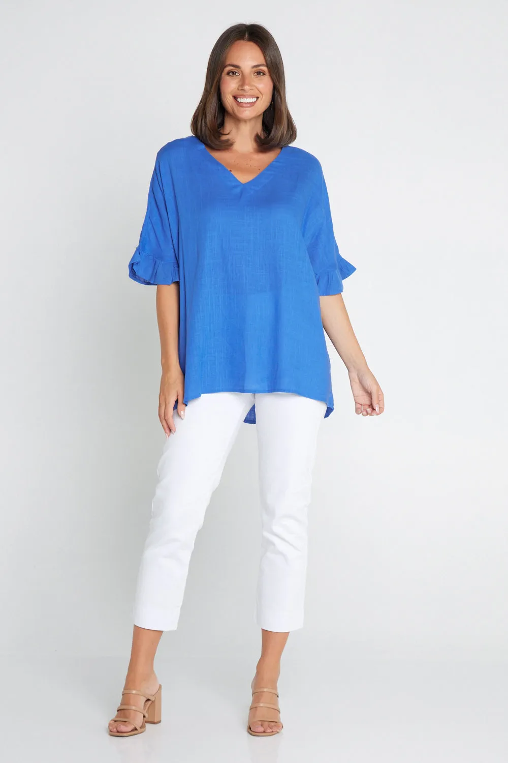 Farrah Linen V Neck Top - Blue