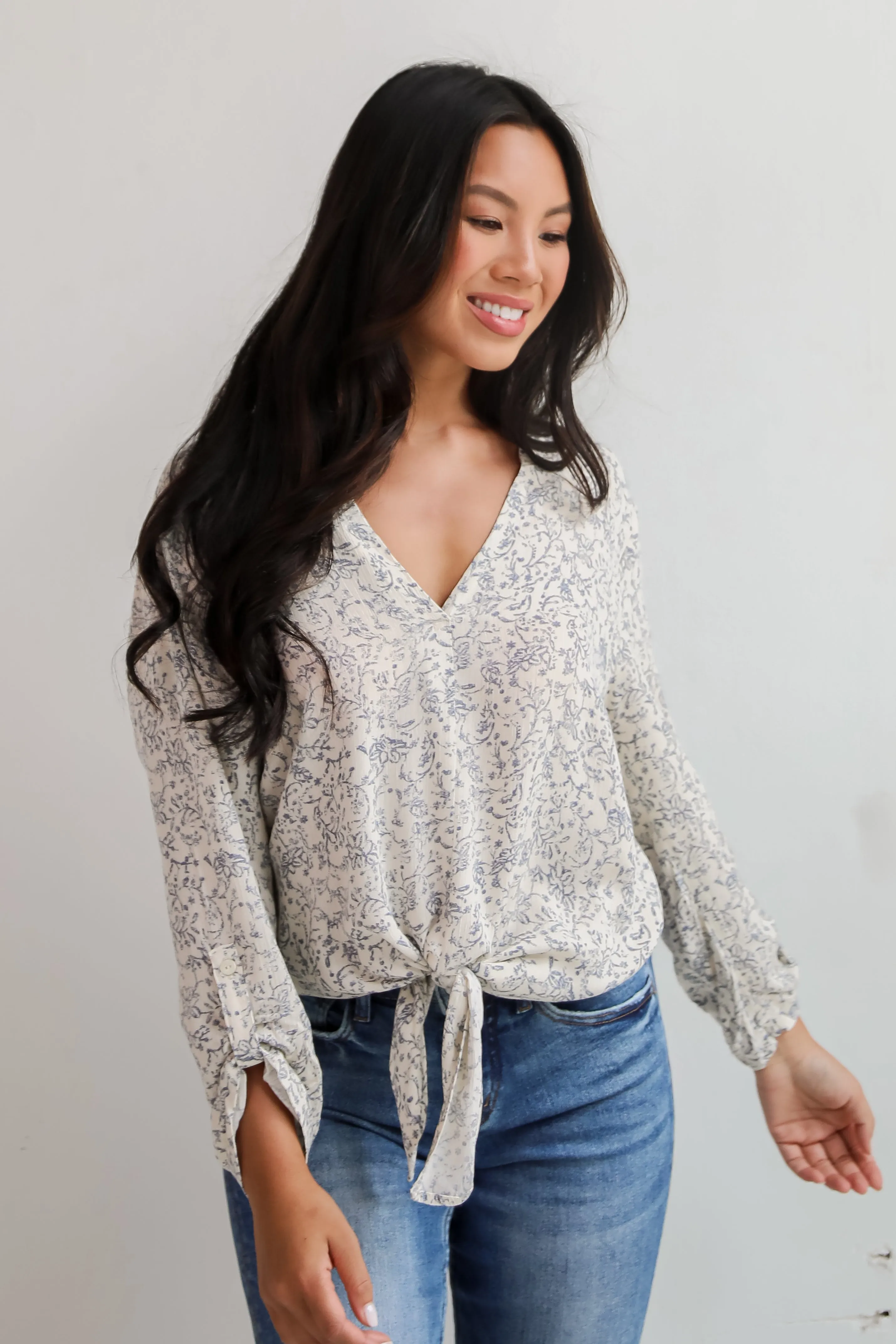 FINAL SALE - Decadently Sweet Cream Floral Tie-Front Blouse