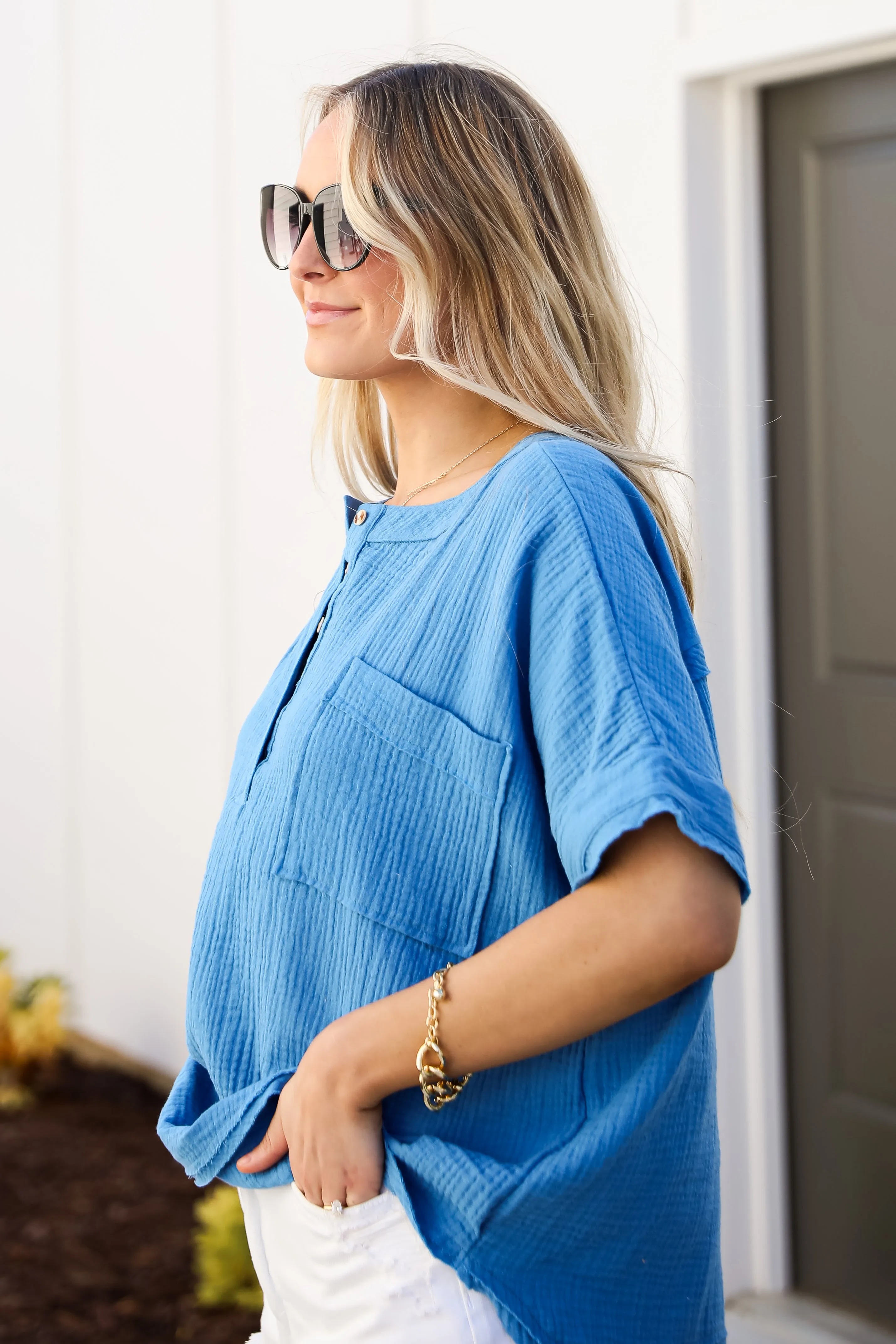 FINAL SALE - Effective Aura Blue Linen Blouse