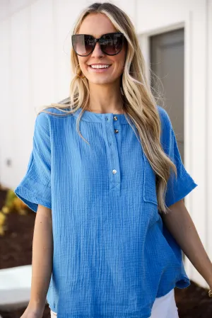 FINAL SALE - Effective Aura Blue Linen Blouse