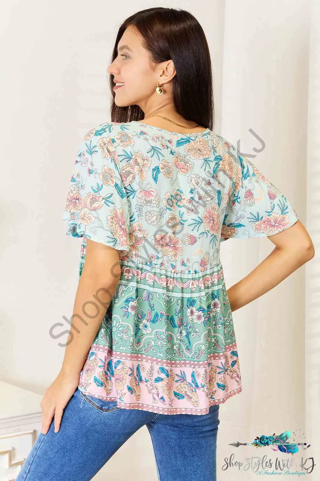 Floral Tie Neck Short Sleeve Blouse