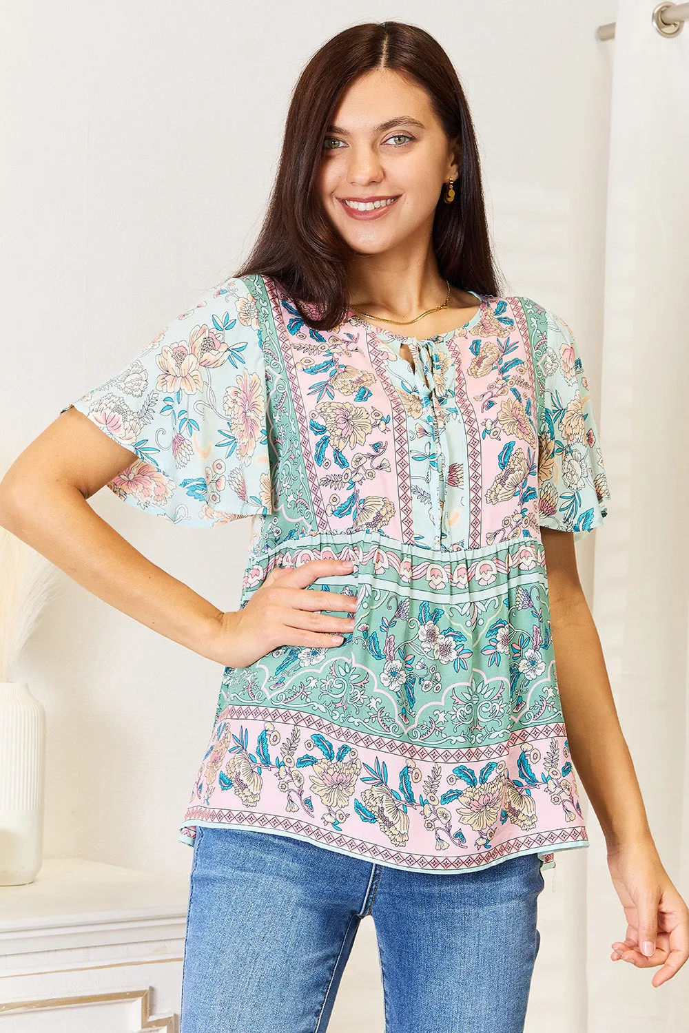 Floral Tie Neck Short Sleeve Blouse