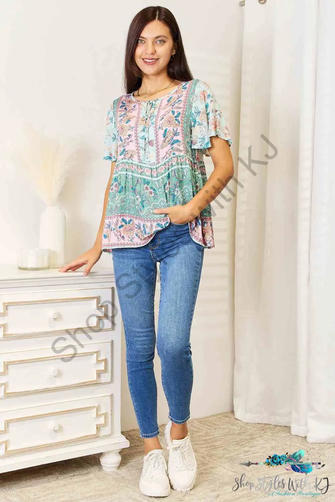 Floral Tie Neck Short Sleeve Blouse