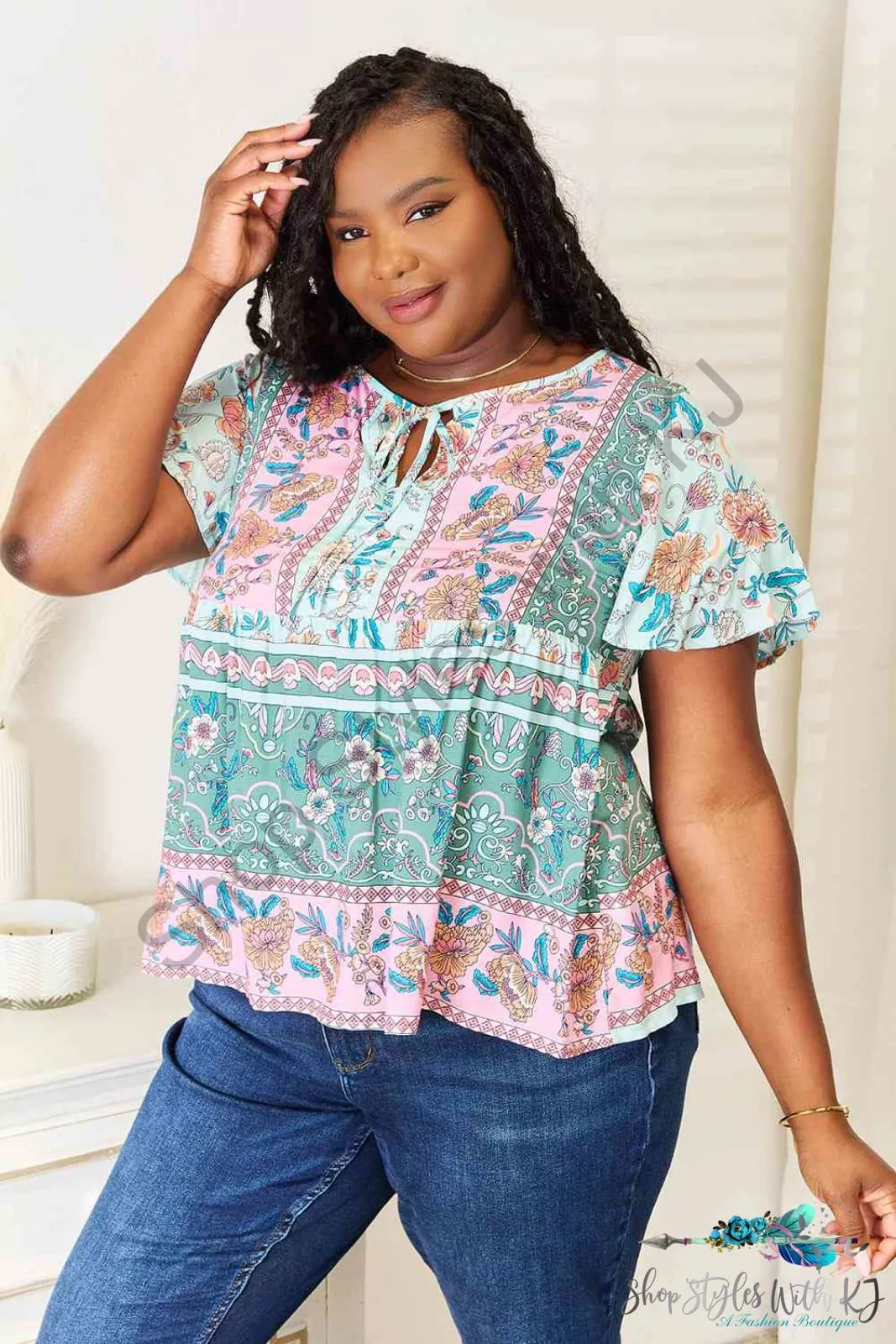 Floral Tie Neck Short Sleeve Blouse