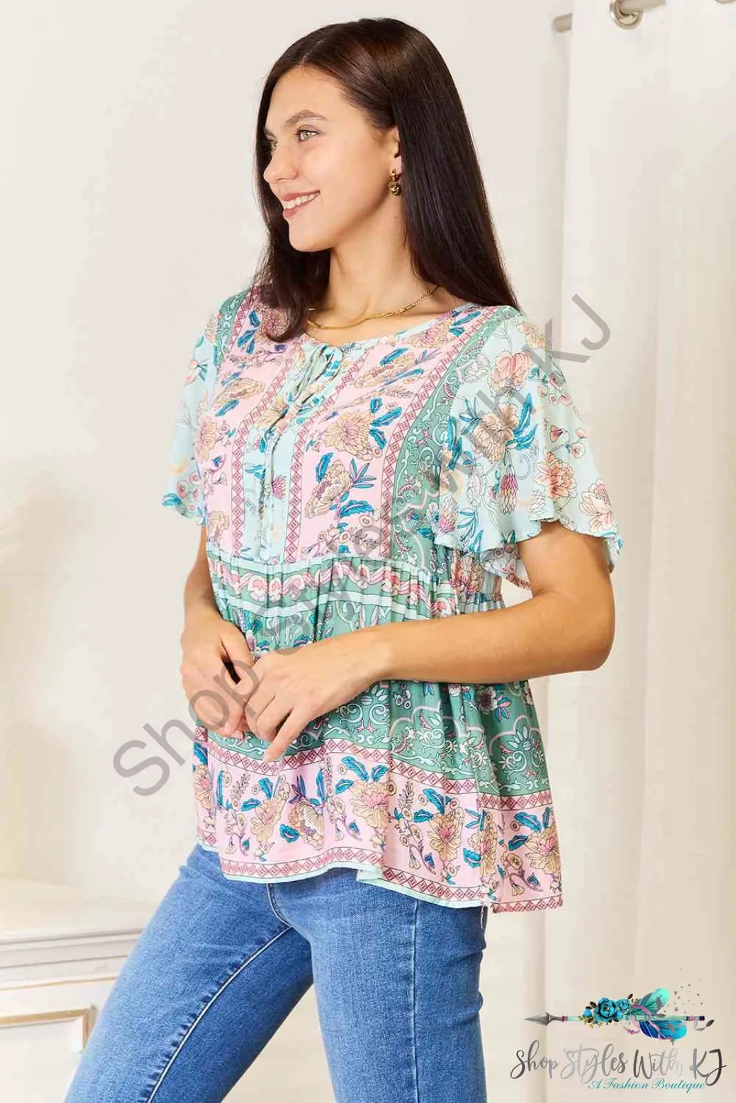 Floral Tie Neck Short Sleeve Blouse