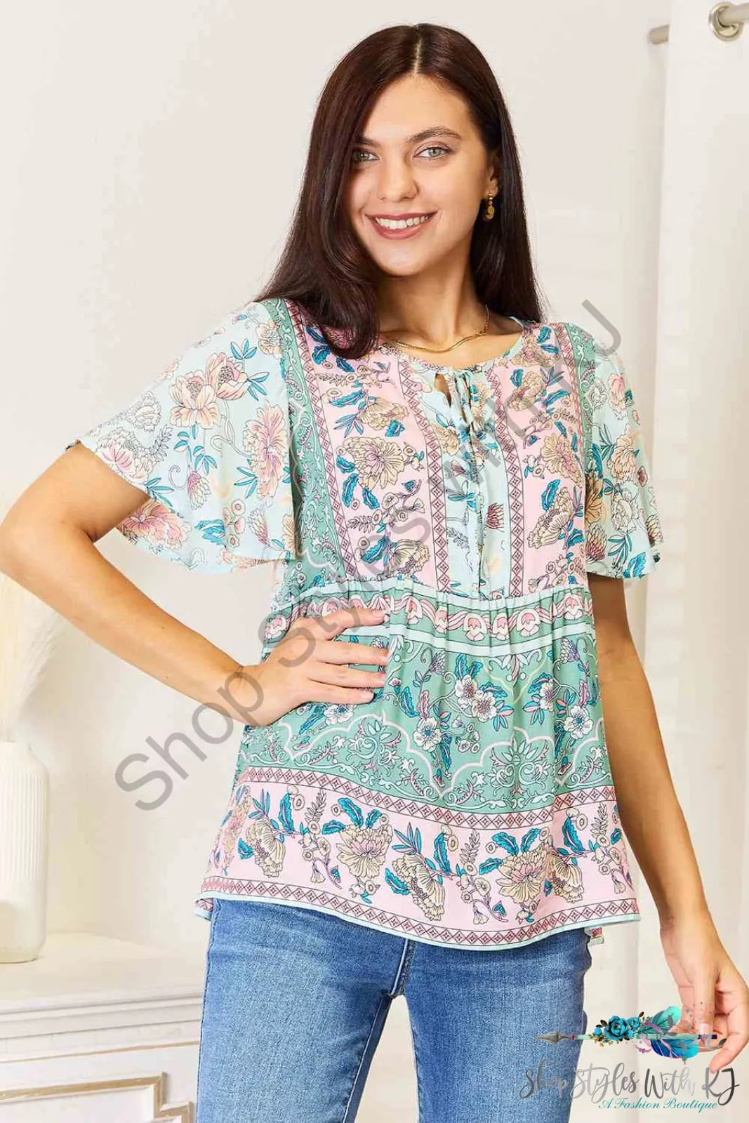 Floral Tie Neck Short Sleeve Blouse