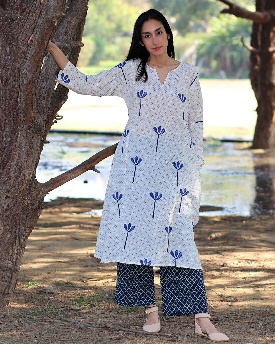 Ivory Blue Blockprinted Cotton Kurta With Palazzo (Set Of 2)