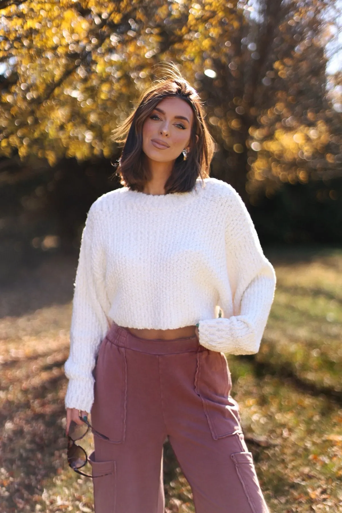 Ivory Popcorn Knit Cropped Sweater