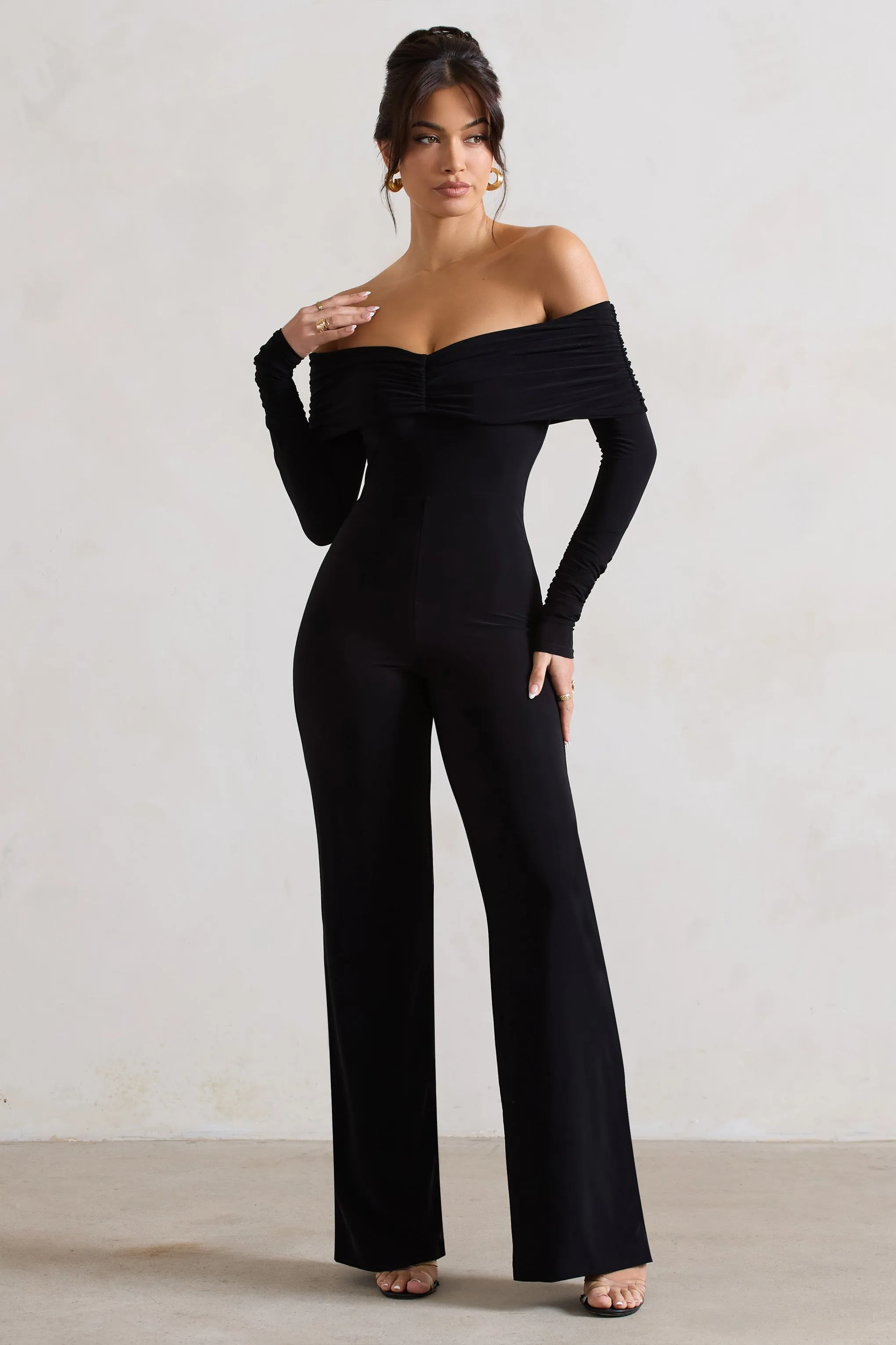 Jules | Black Bardot Long-Sleeve Straight-Leg Jumpsuit