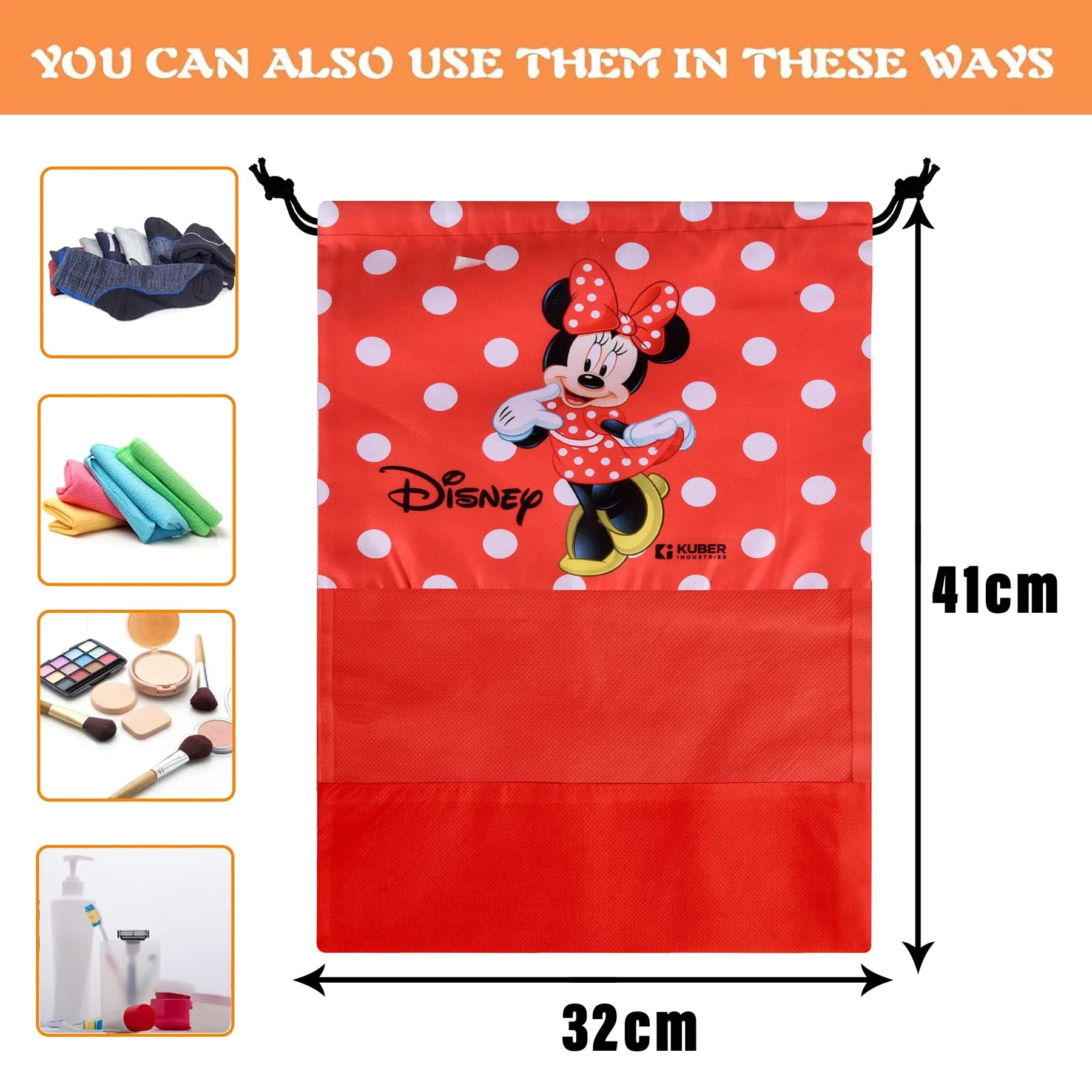 Kuber Industries Disney Minnie Shoe Cover | Travel Shoe Storage Bags | Polyester Storage Bag | Drawstring Shoe Cover | Shoe Organizer with Clear window | Pack of 6 | Red