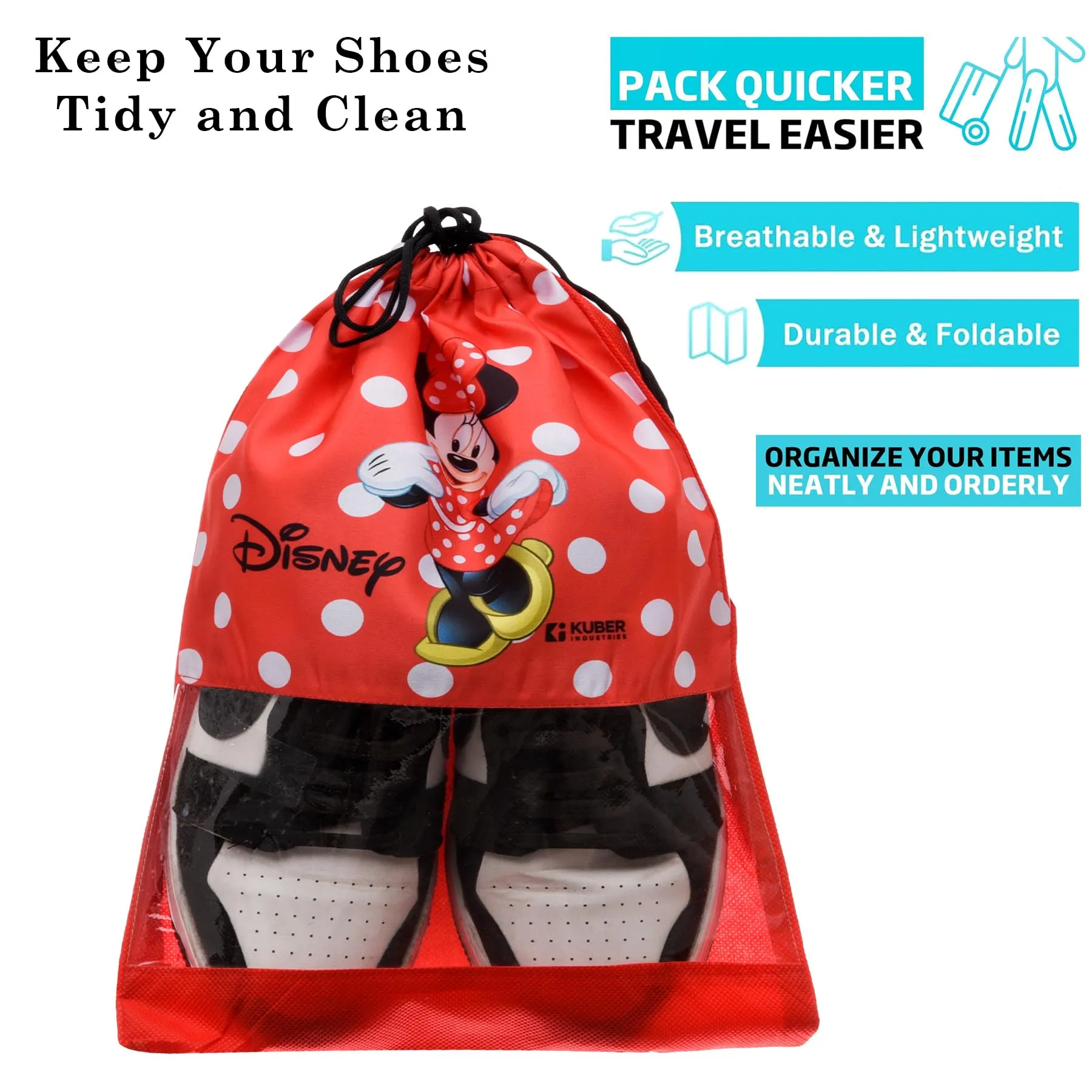 Kuber Industries Disney Minnie Shoe Cover | Travel Shoe Storage Bags | Polyester Storage Bag | Drawstring Shoe Cover | Shoe Organizer with Clear window | Pack of 6 | Red